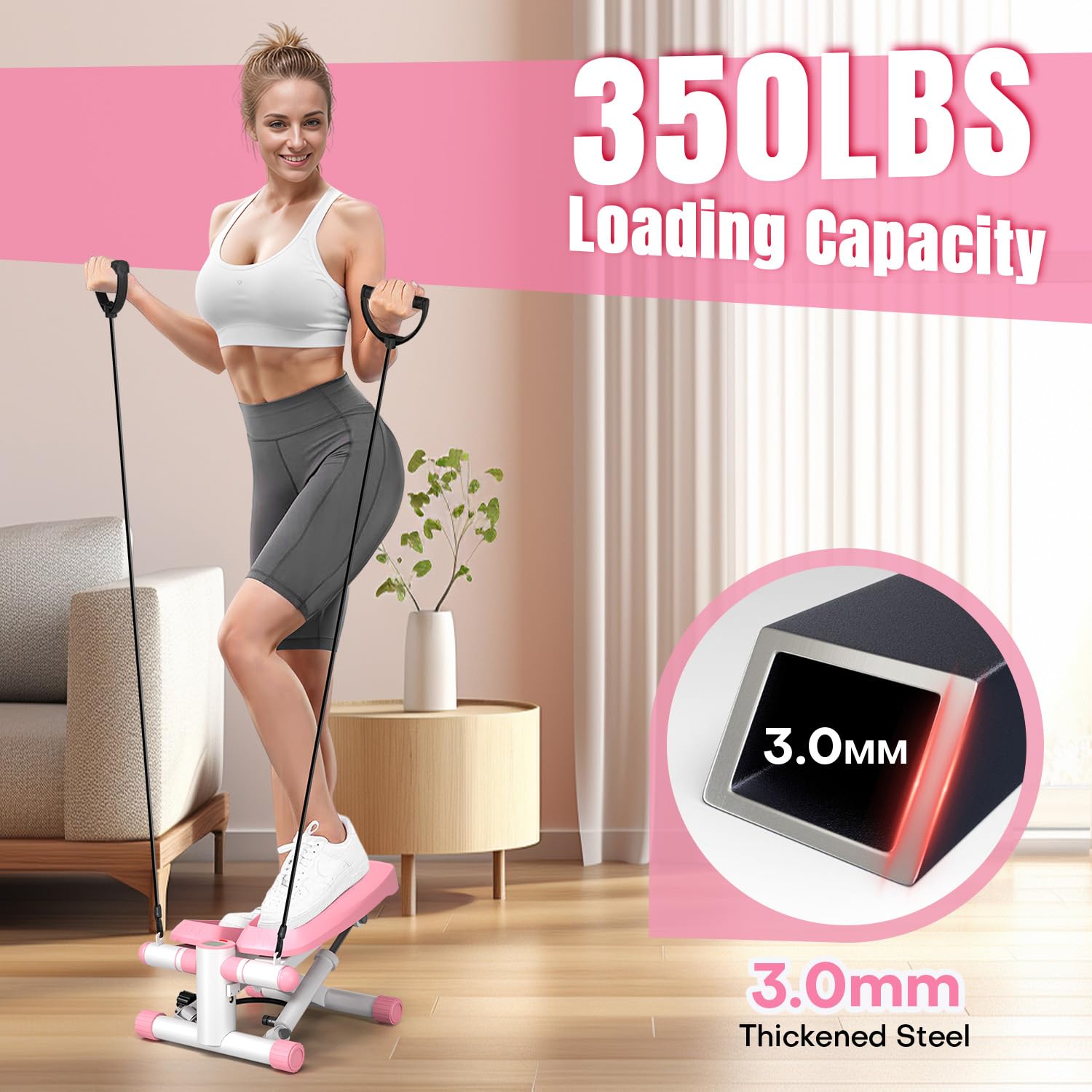 VitalLeap Steppers for Exercise at Home, Adjustable Resistance Stair Steppers for Women with Arm Training Bands, 10DB Super Quiet Mini Steppers with 350LBS Loading Bearing Home Fitness Equipment