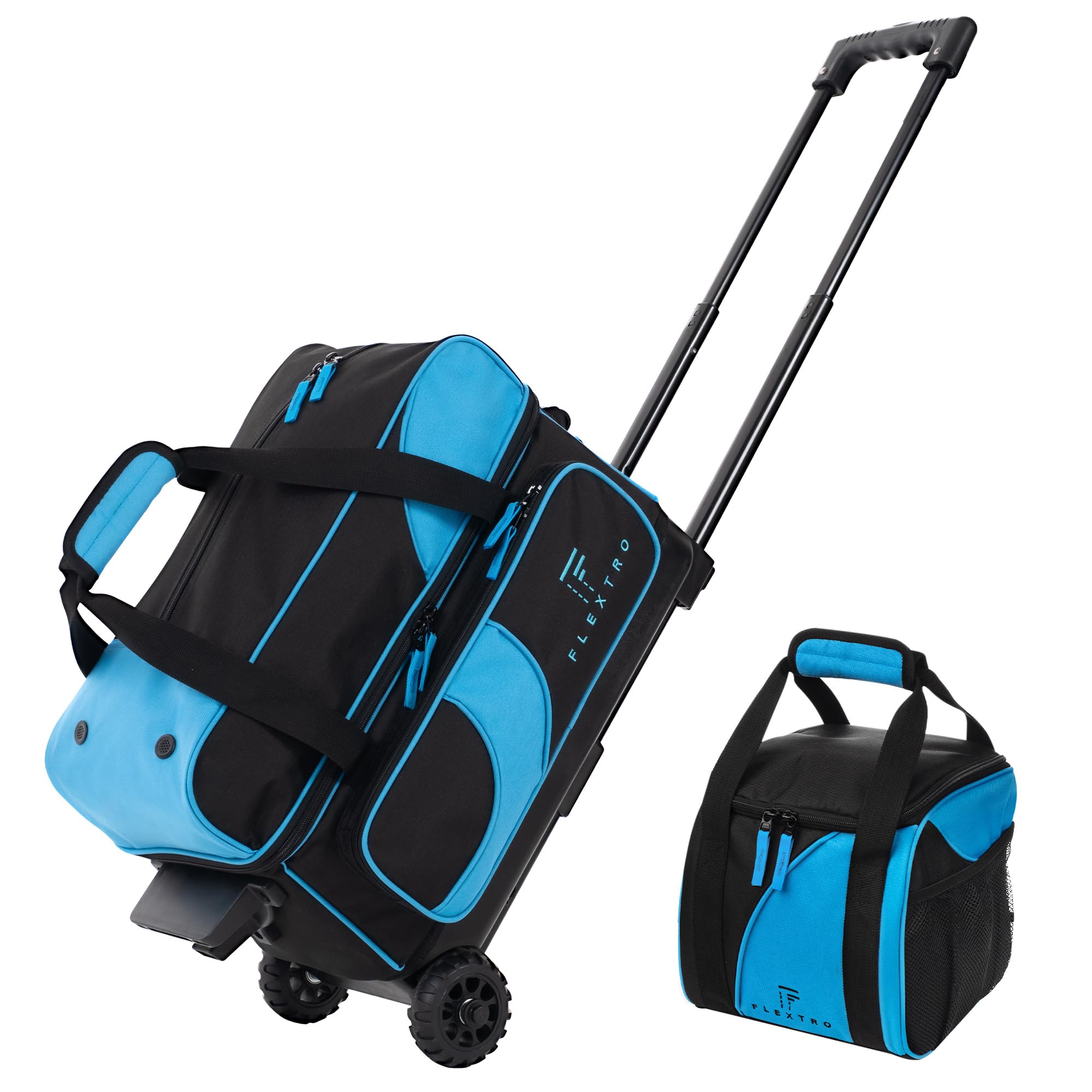 Flextro 2 Ball Bowling Bag with Wheels PLUS Single Ball Bowling Bag; 2 Ball Double Roller Trolley with Compartments for Bowling Equipment and Shoes (Black & Blue)
