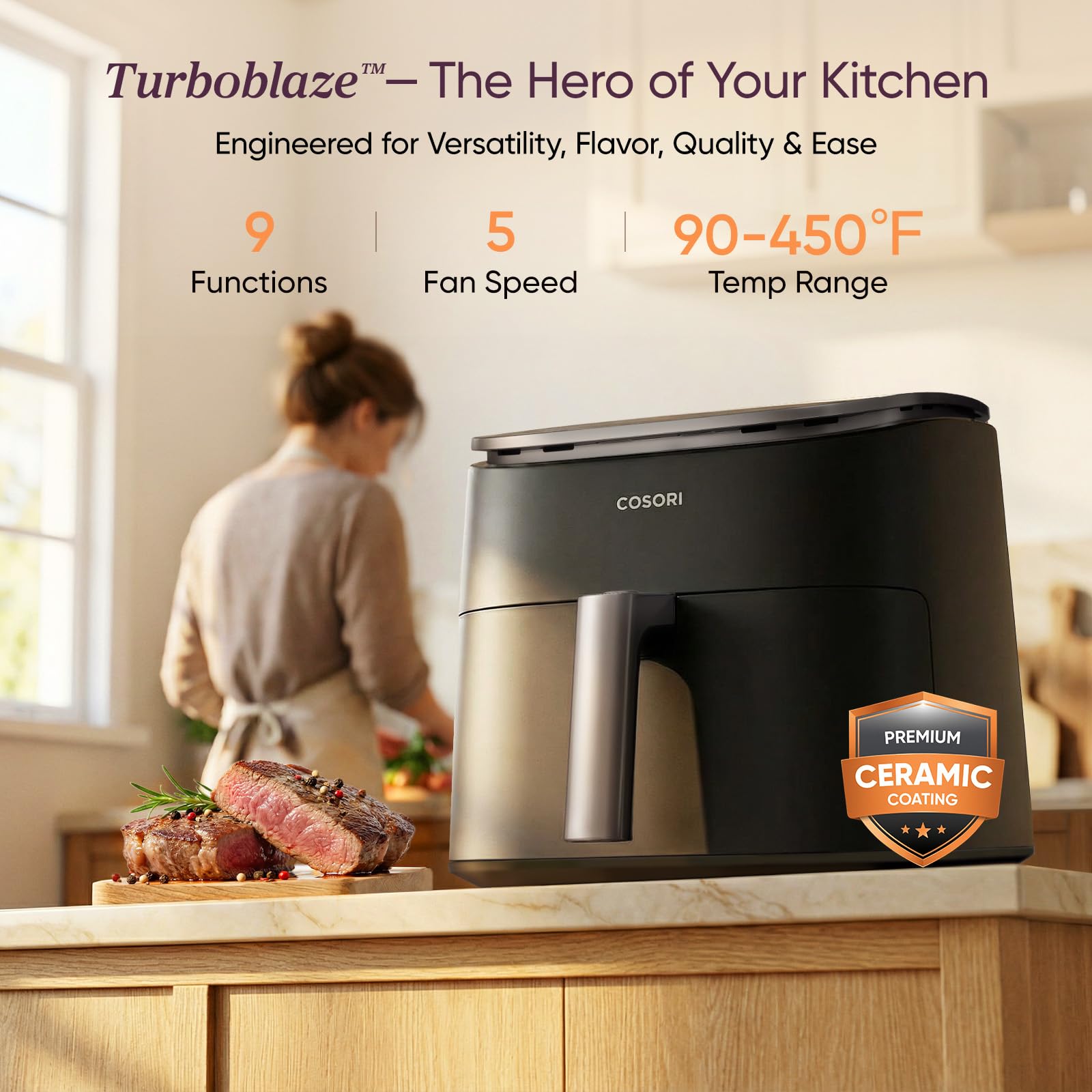 Cosori 9-in-1 TurboBlaze Air Fryer 6 Qt, Premium Ceramic Coating, 90°ā450°F, Precise Heating for Even Results, Air Fry, Roast, Bake, Broil, Dry, Frozen, Proof, Reheat, Keep Warm, 120V, Dark Gray