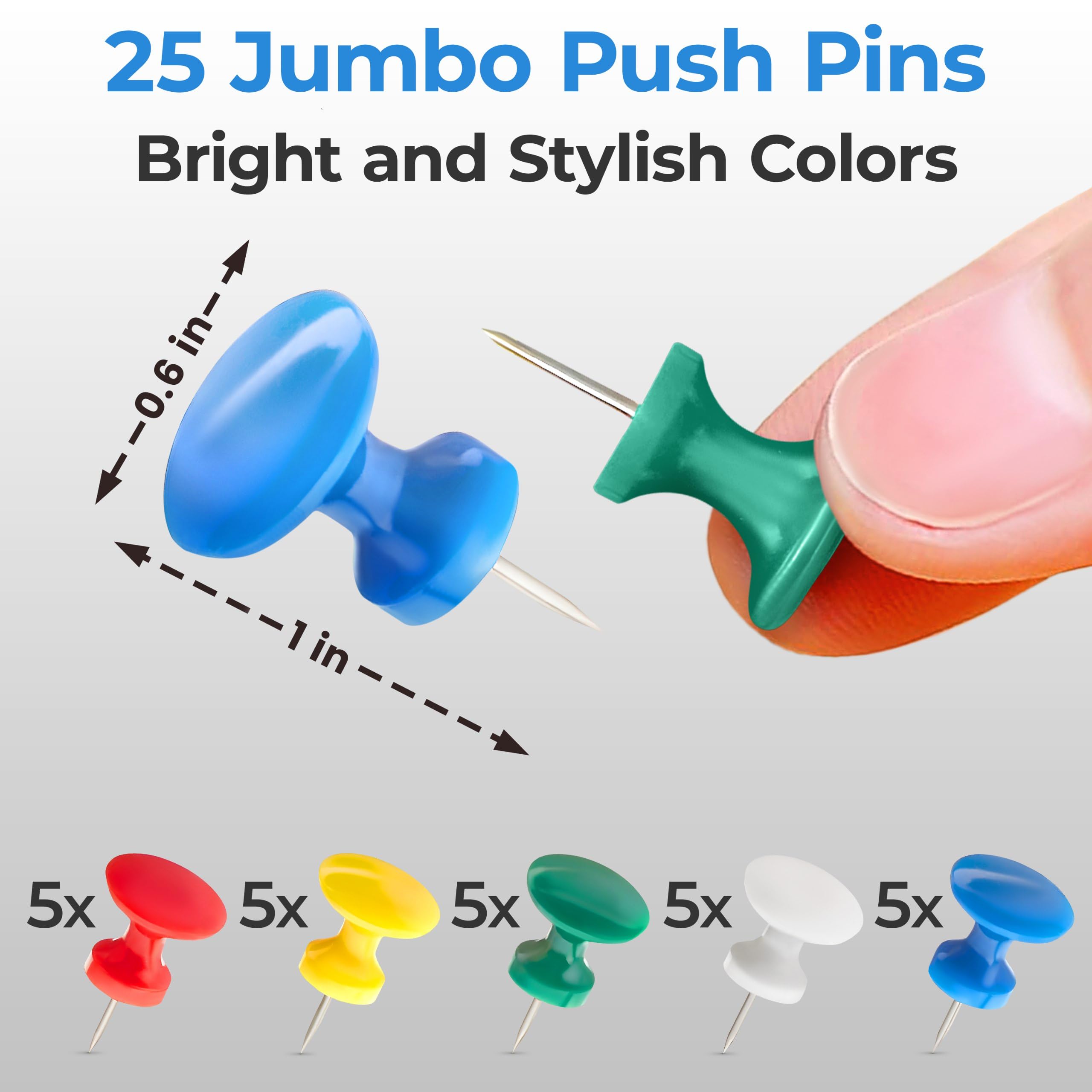 CraftyCrocodile 25 Giant Push Pins - Green, White, Yellow, Blue, Red Jumbo Tacks with Plastic Heads & Steel Points for Cork Board and Thick Papers
