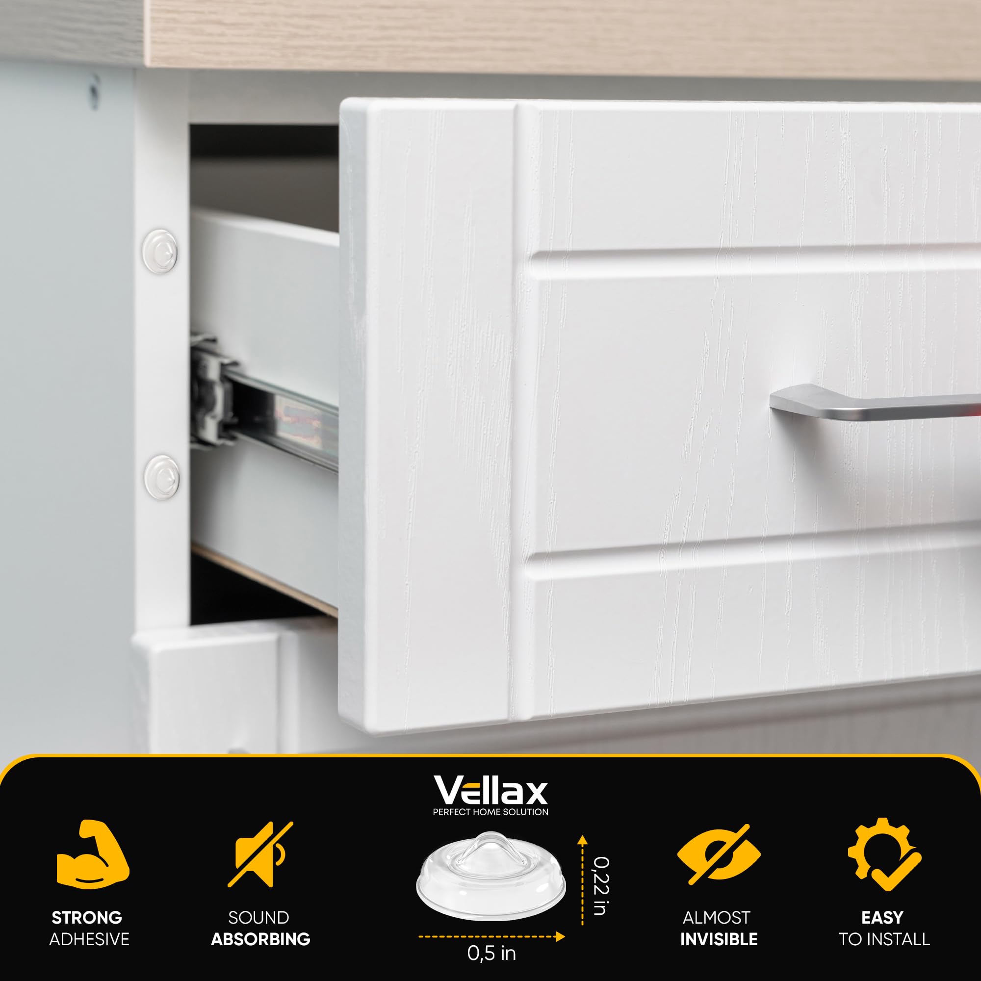 Vellax 64 Clear Silicone Bumper Pads & 128 Self Adhesive Cabinet Door Bumpers - Self-Adhesive Sound Dampening Stops with Jelly Button Shape Design for Cabinet Doors, Drawers, Cupboards, Glass Surfaces