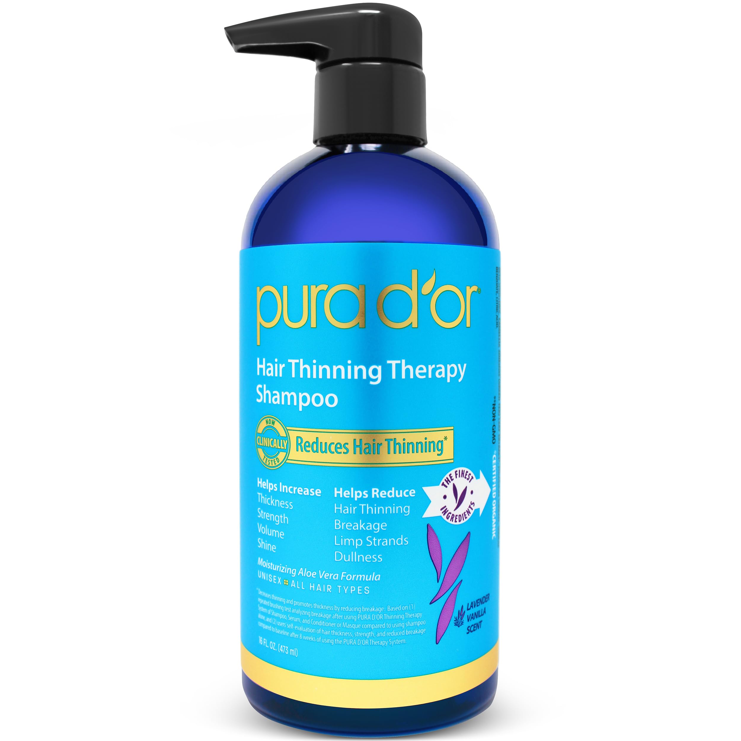 PURA D'OR Hair Thinning Therapy Biotin Shampoo - CLINICALLY TESTED Effective Results, Herbal Blend Hair Thickening Products Women & Men, Color Safe Routine Shampoo, LAVENDER VANILLA Scent 16 Oz