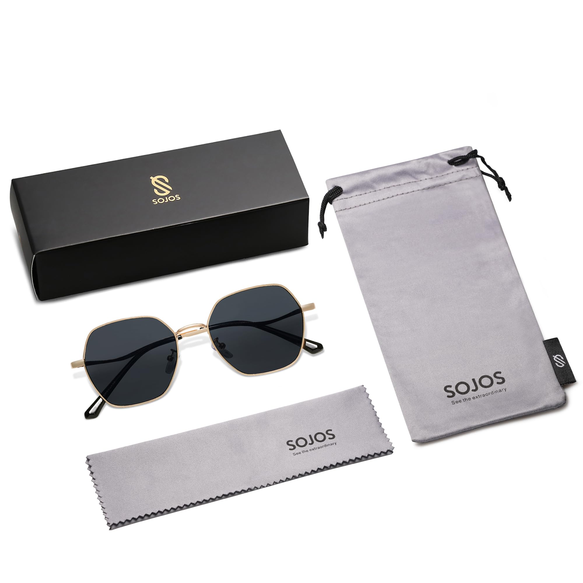 SOJOS Retro Hexagon Square Polarized Sunglasses for Women Men Vintage Hexagonal Polygon Shades SJ1101, Gold Frame/Grey Lens