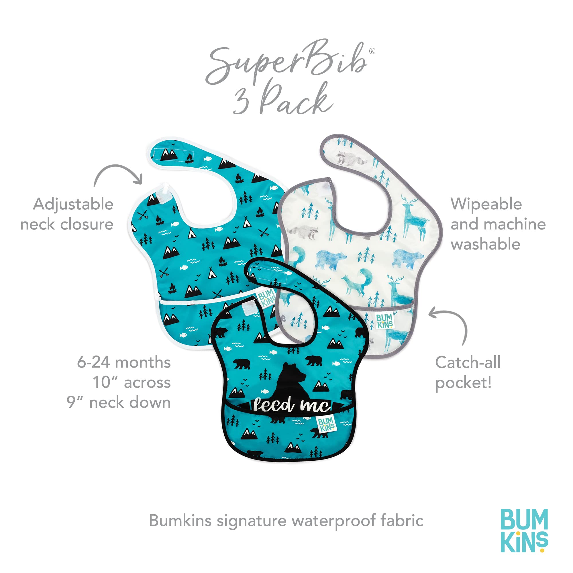 Bumkins Bibs for Girl or Boy, SuperBib Baby and Toddler for 6-24 Months, Essential Must Have for Eating, Feeding, Baby Led Weaning Supplies, Mess Saving Catch Food, 3-pk Outdoors and Wildlife