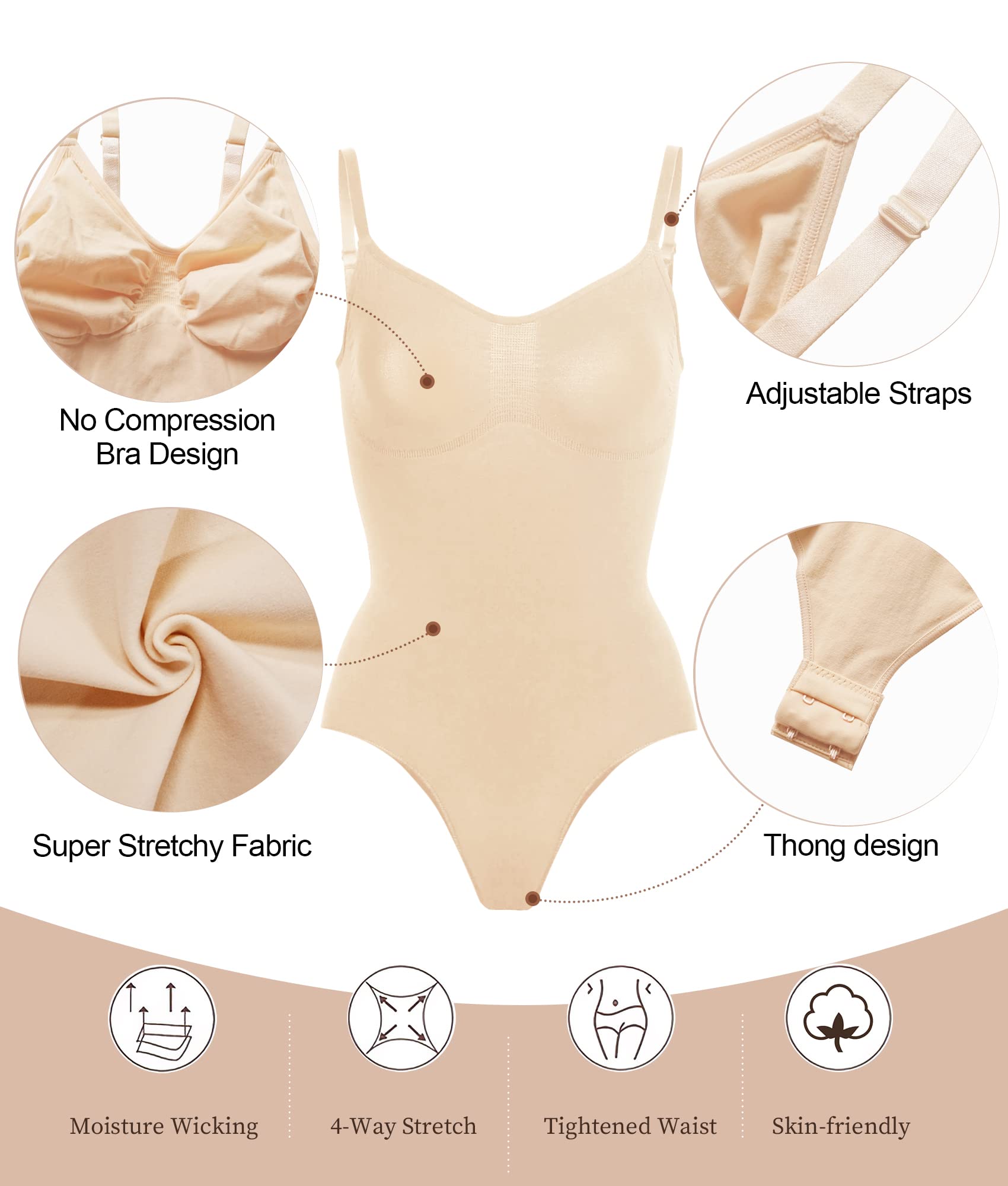 SHAPERX Women's Shapewear Bodysuit Tummy Control Body Shaper Seamless Sculpting Snatched Waist Body Suit,SZ5215-Beige-L/XL