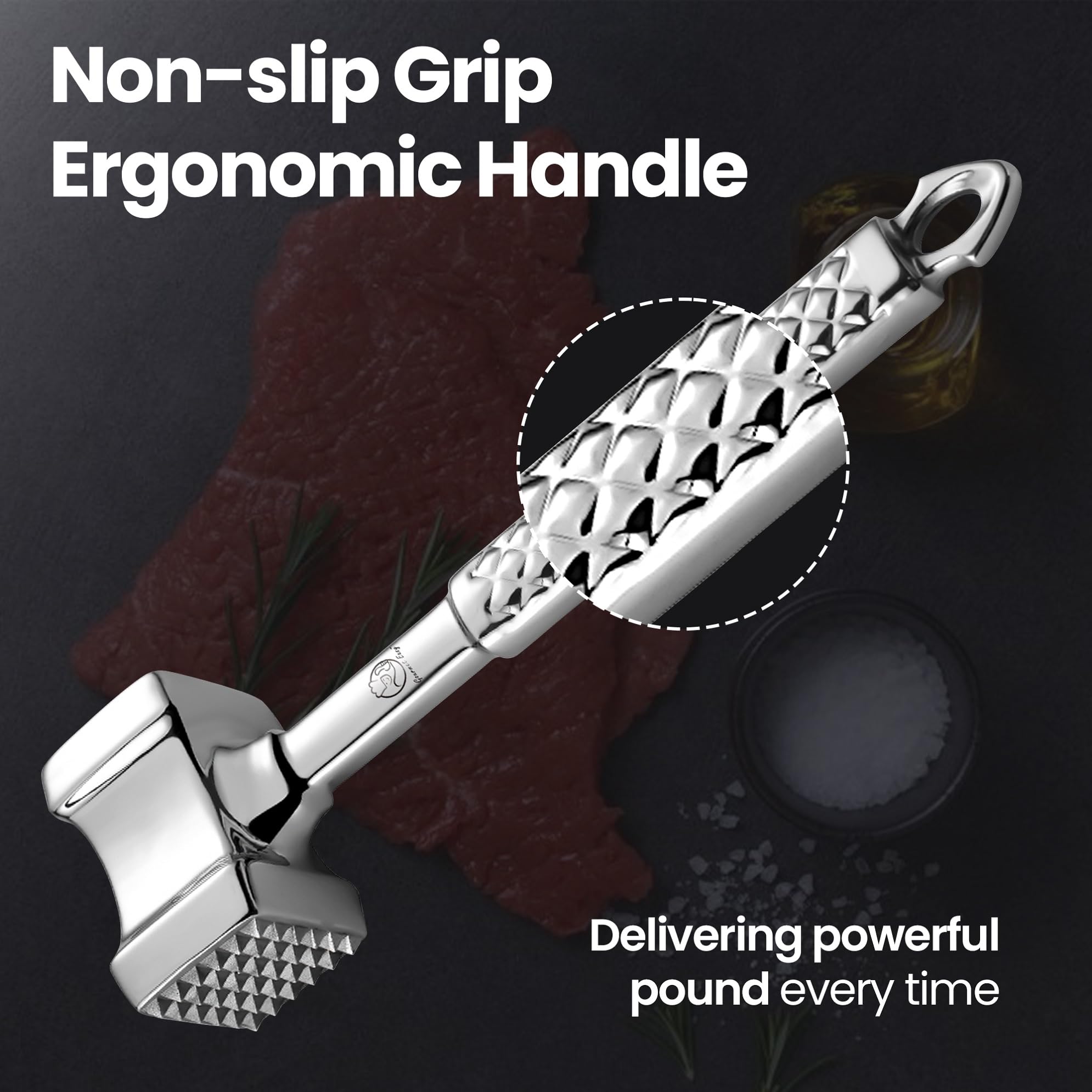 Stainless Steel Meat Tenderizer Tool, Premium Meat Mallet with Non-Slip Grip, Dual-sided Kitchen Mallet Ideal for Tenderizing Steak, Poultry & Chicken Cutlet, Dishwasher Safe with Lifetime Replacement