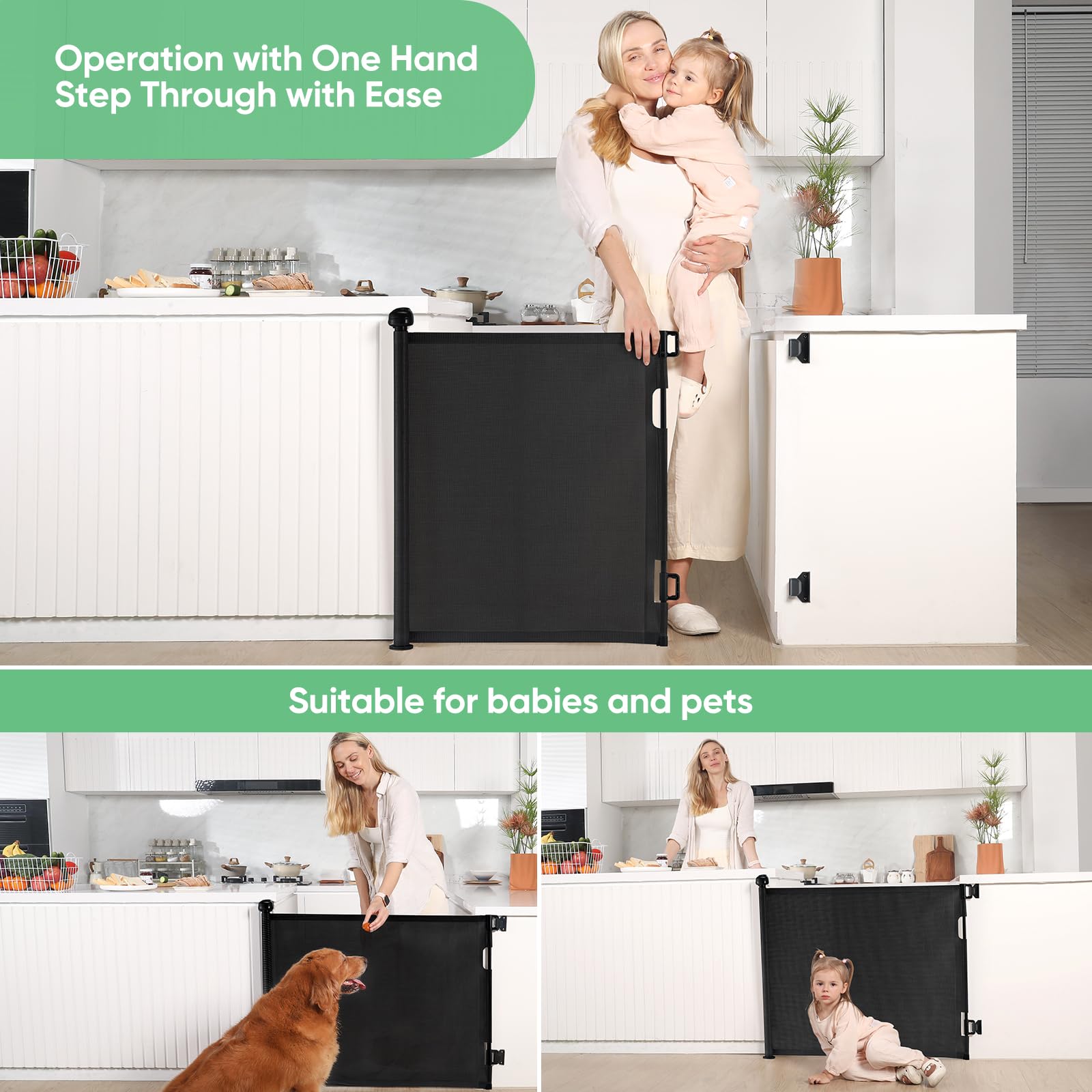 Likzest Retractable Baby Gate, Mesh Baby and Pet Gate 33" Tall, Extends up to 55" Wide, Child Safety Baby Gates for Stairs Doorways Hallways, Dog Gate Cat Gate for Indoor and Outdoor (Black)
