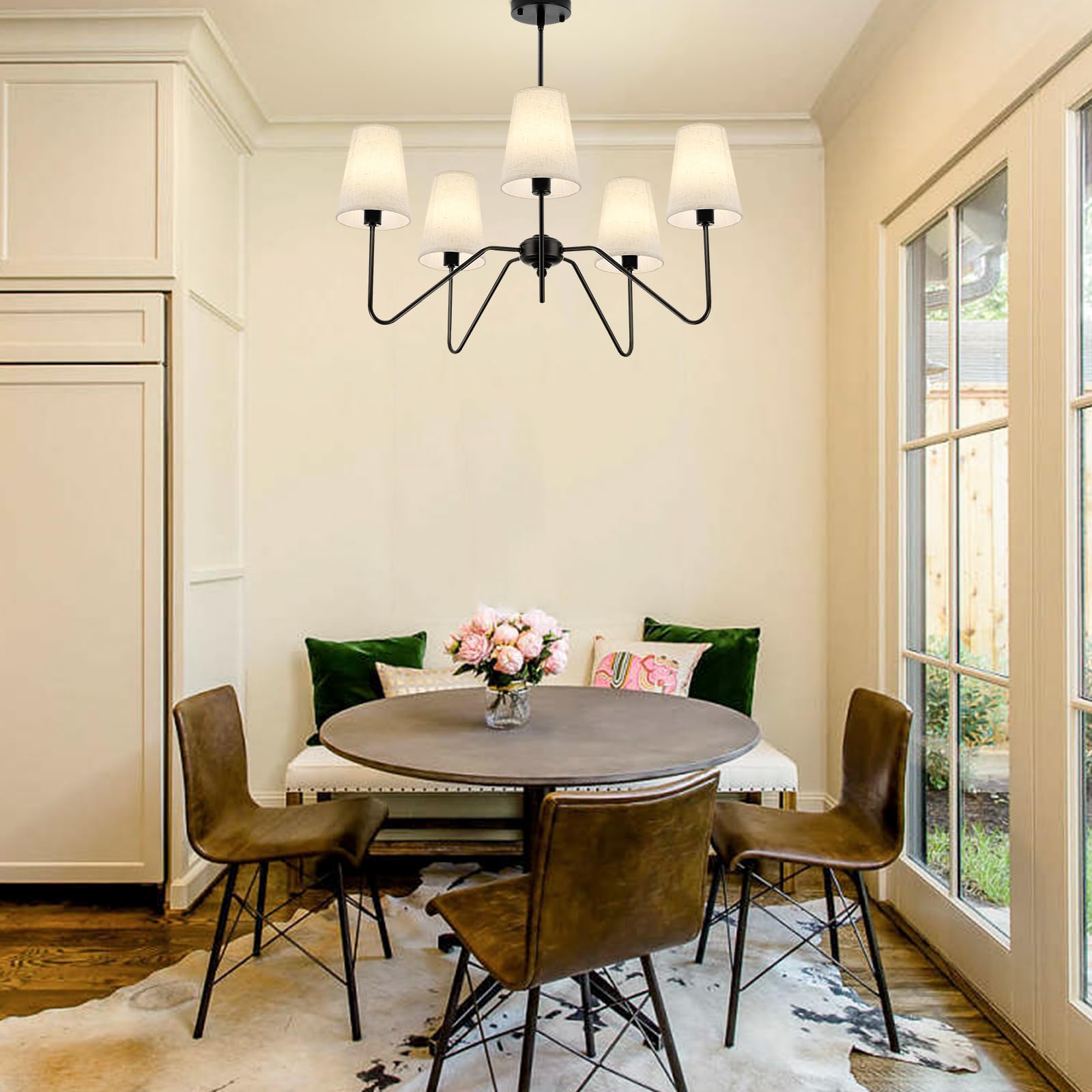 FIYUEOYI 5-Light Modern Chandeliers, Pendant Lights Fixture with Linen Beige Fabric Shade for Living Room Dining Room Bedroom Hallway Entryway, Height Adjustable