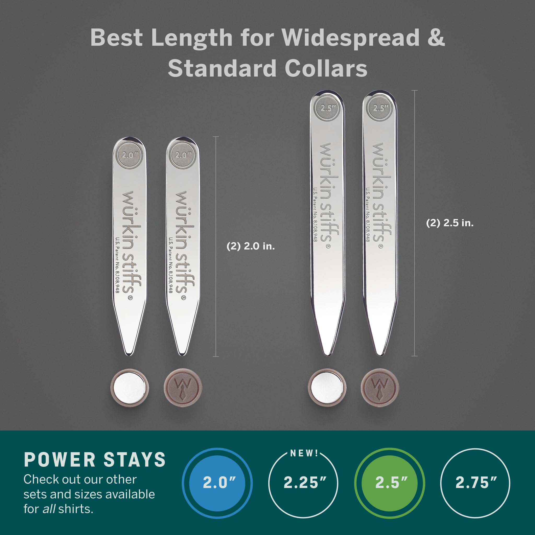 2.0-inch and 2.5-inch Power Stays Magnetic Collar Stays by Würkin Stiffs | 1 Pair of Each Size | Includes (2) 2.0” Power Stays and (2) 2.5” Power Stays with Storage Case | As Seen on Shark Tank