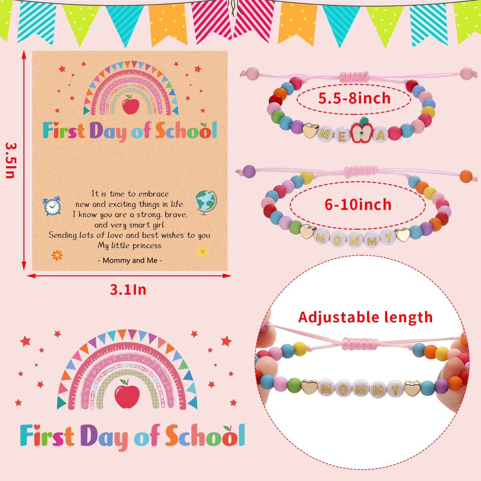 Bellino Back to School Initial Bracelet Mommy and Me, First Day of School Kindergarten Bracelets, Mom Mother Daughter Jewelry Gifts for Women Letter A