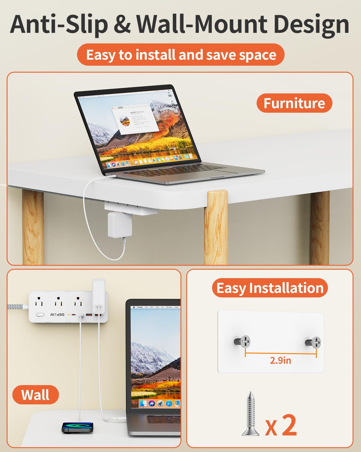 DEPOW Power Strip Surge Protector with 5FT Braided Flat Extension Cord, Wall Mount Charging Station with 8 Outlets 4 USB Ports(2 USB C), Ultra Thin Flat Plug for Home Office, Dorm, Hotel, Travel