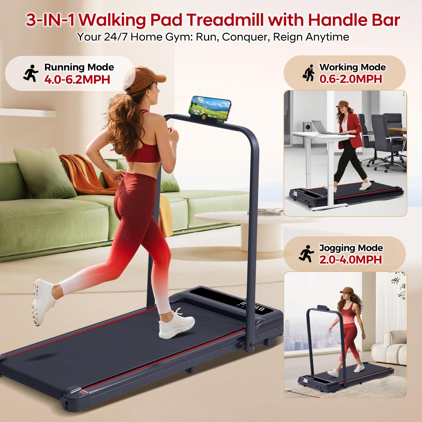 Treadmill with Handles for Home Small, 3.0HP Electric Compact Walking Pad Treadmills with Handle Bar, 0.6-6.2MPH Portable Under Desk Treadmill Home for Small Space, 320LBS