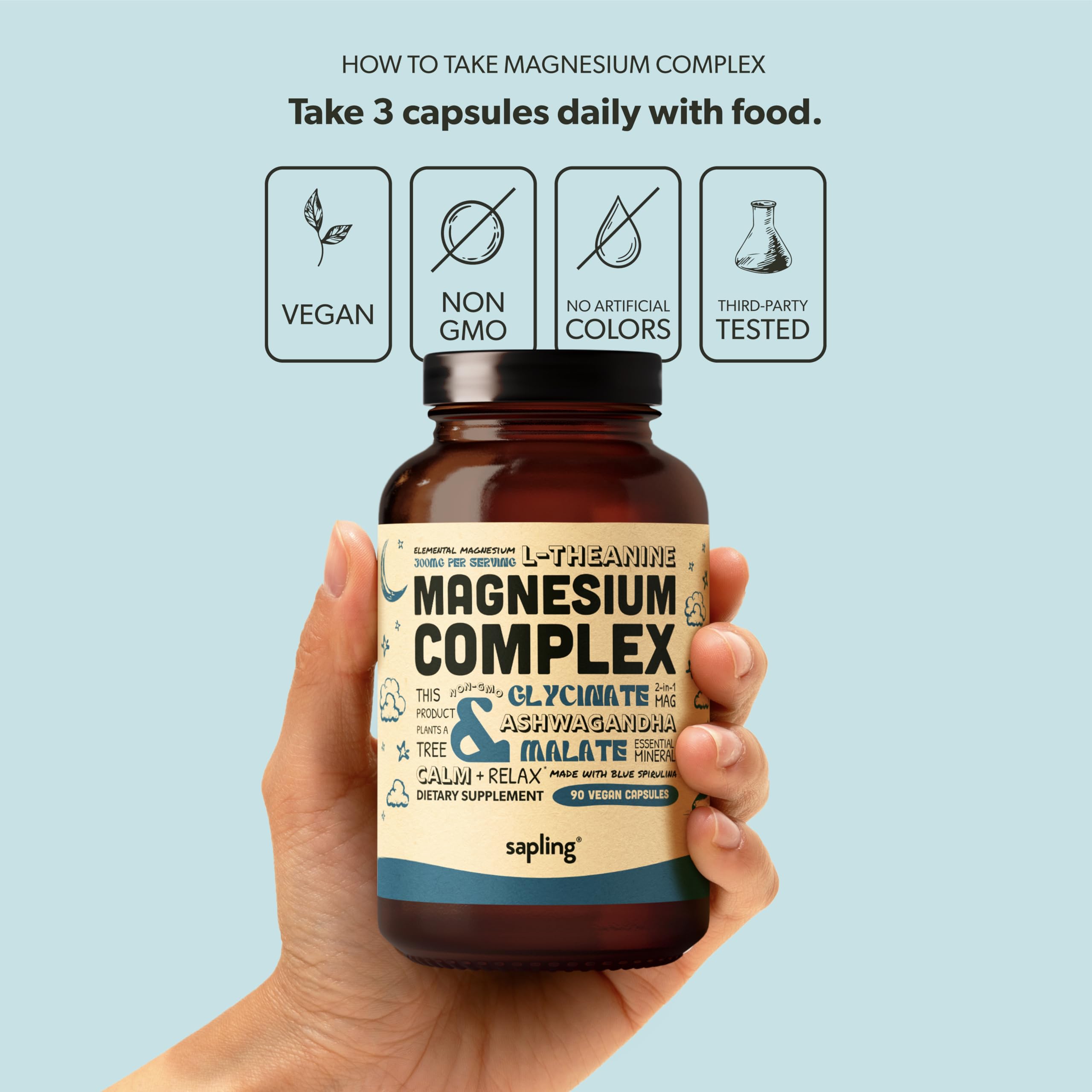 Magnesium Glycinate Complex Supplement - Chelated Magnesium Glycinate with Malate, Organic Ashwagandha, L-theanine & Blue Spirulina - High Absorption, Vegan, Non-GMO, 300mg, 90 Veggie Caps