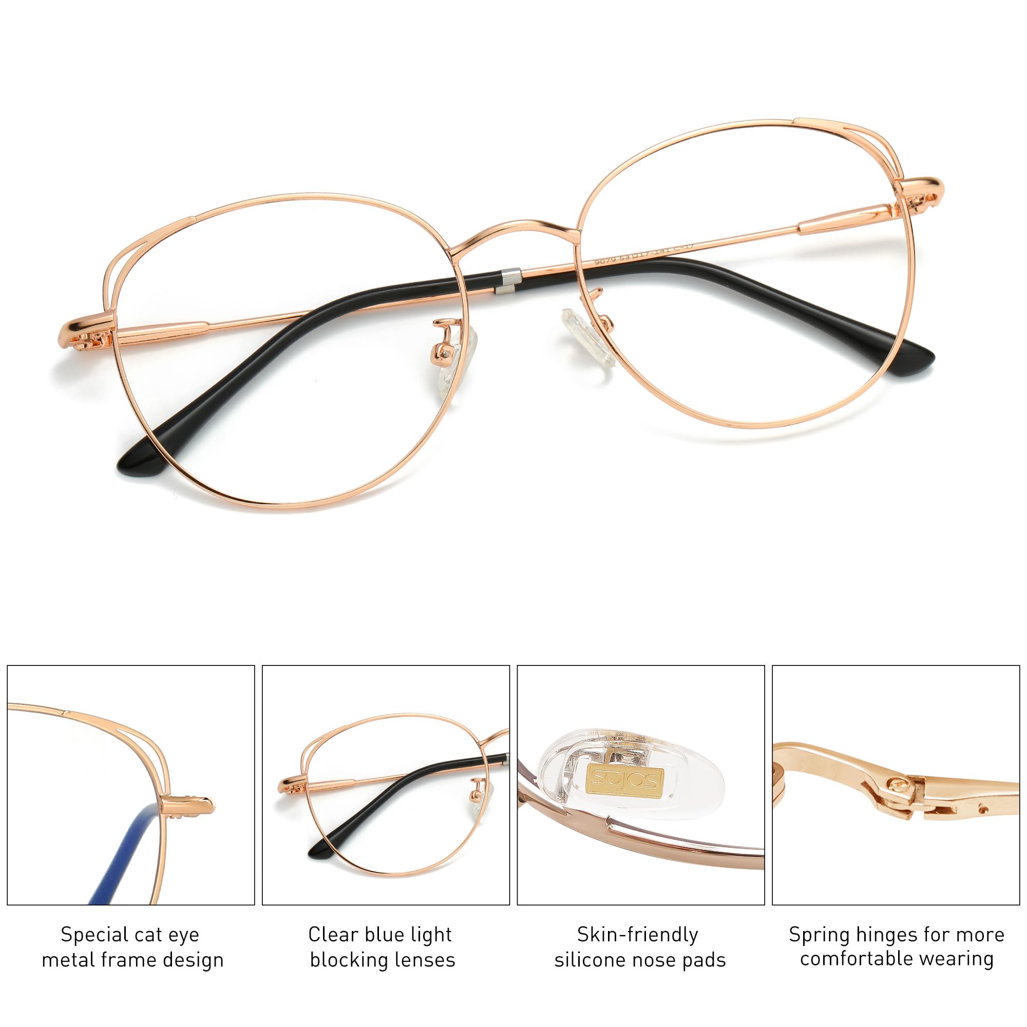 SOJOS Cat Eye Blue Light Blocking Glasses for Woman Hipster Metal Frame Womens Eyeglasses She Young SJ5027, Rose Gold Frame/Anti-Blue Light Lens