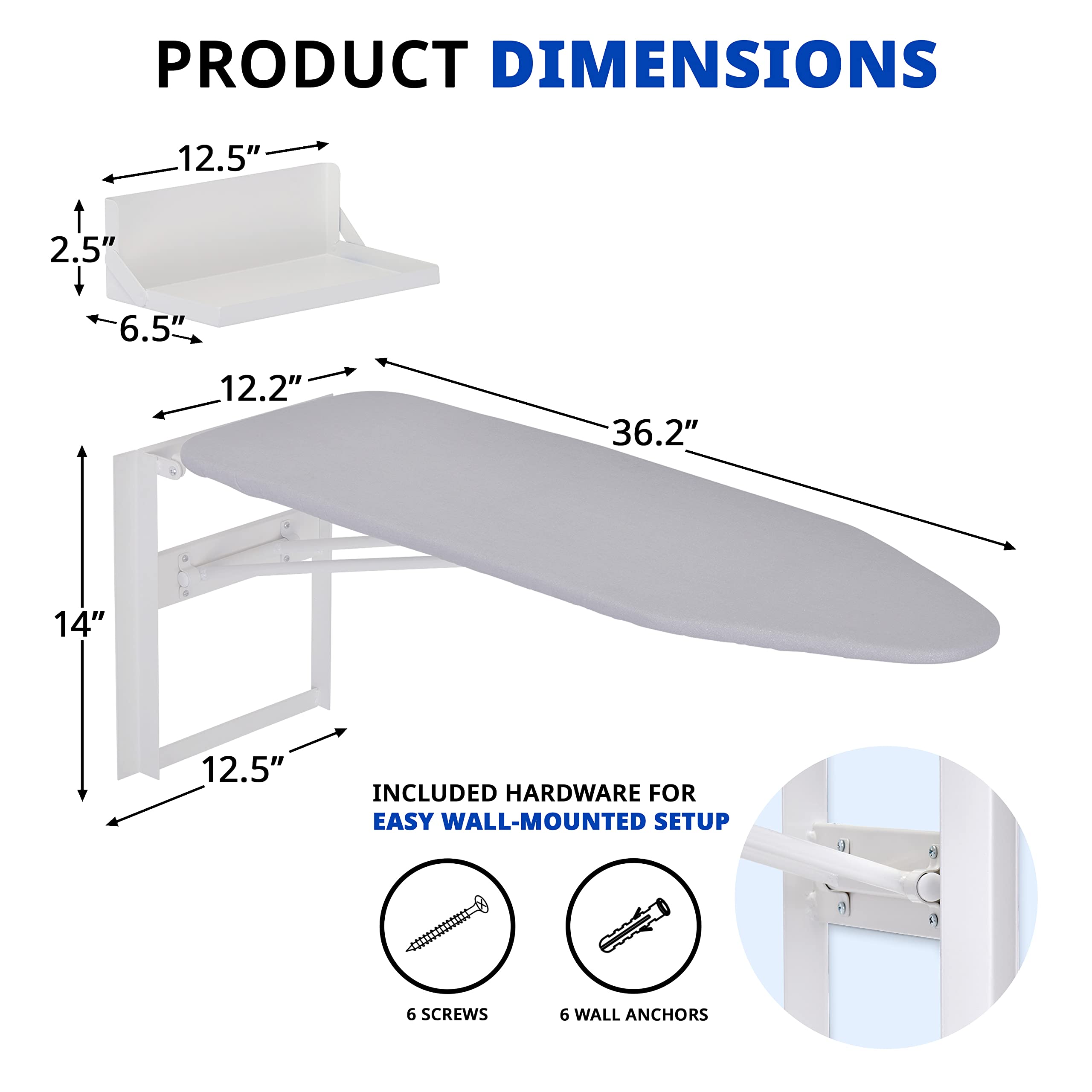 Ivation Wall-Mounted Ironing Board With Storage Shelf, Foldable 36.2” x 12.2”, Fold Down Ironing Station for Home, Apartment &, Easy-Release Lever, Removable Cotton Cover & Dorms, Hardware Included
