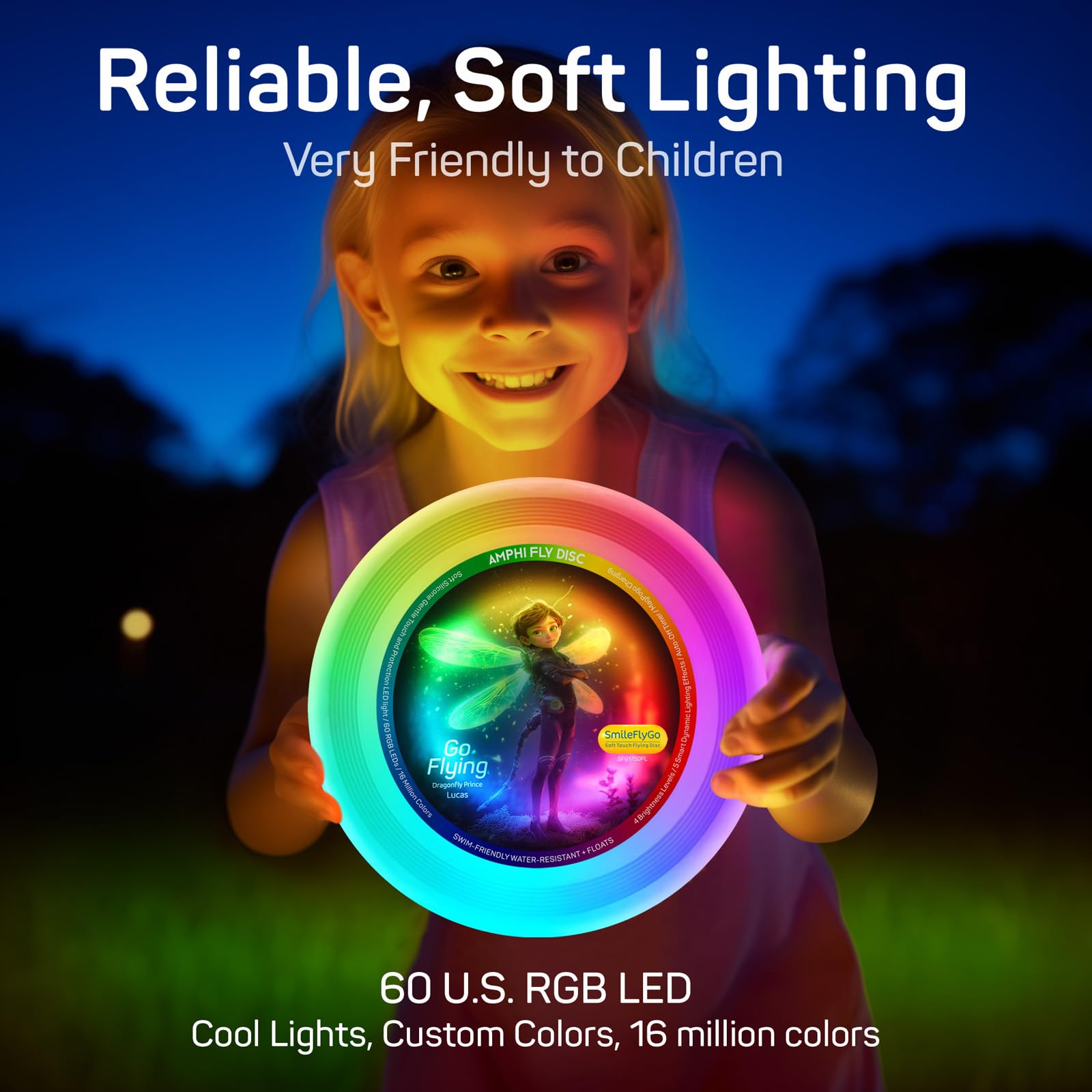 Kids LED Flying Disc β 16 Million Colors RGB 60 LEDs Bright, Rechargeable & Waterproof, Floats for Night/Water Play, Silicone Soft Touch, Fun Christmas, Birthday, Camping Gift for Boys/Girls/Teens