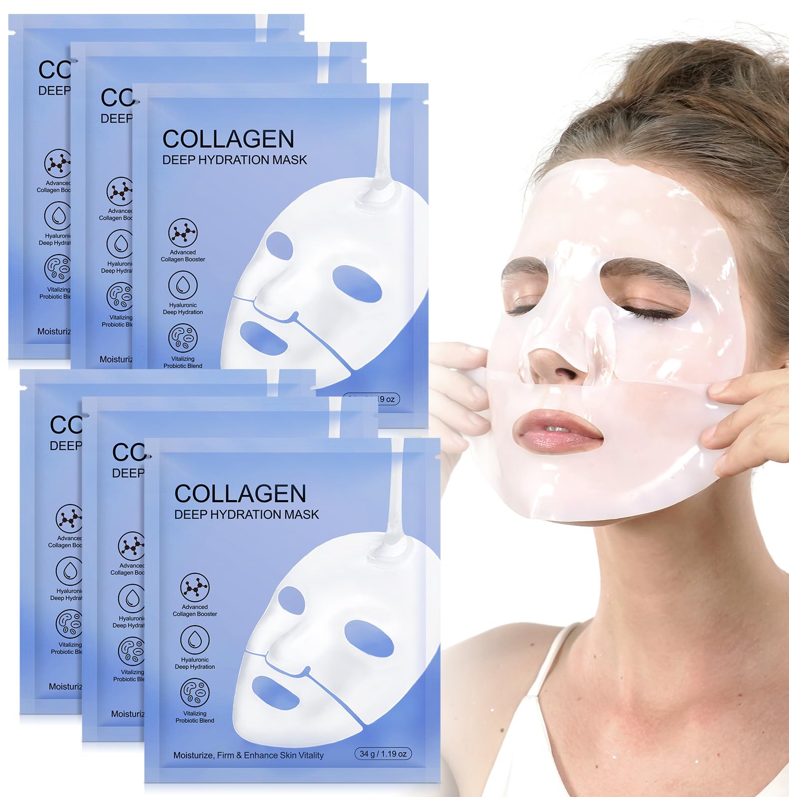 Ruduwu Collagen Face Mask,Firming Collagen Mask with Collagen Peptides for Anti-Aging, Facial Hydrogel Masks with low molecular weight collagen for elasticity and moisturizing