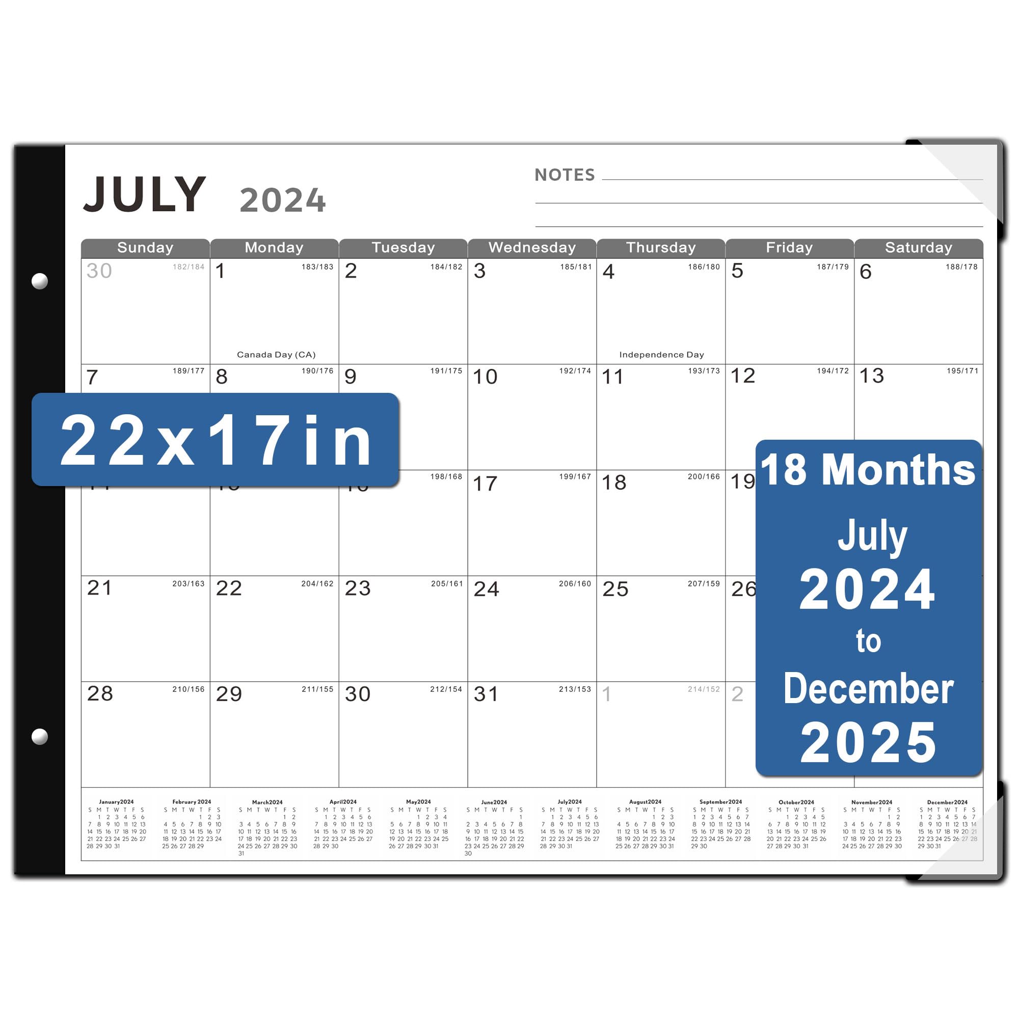 Desk Calendar 2024-2025 Large 22x17, 18 Months Run from July 2024 to December 2025, Desk top Calendar with Notes for Home, Office and School