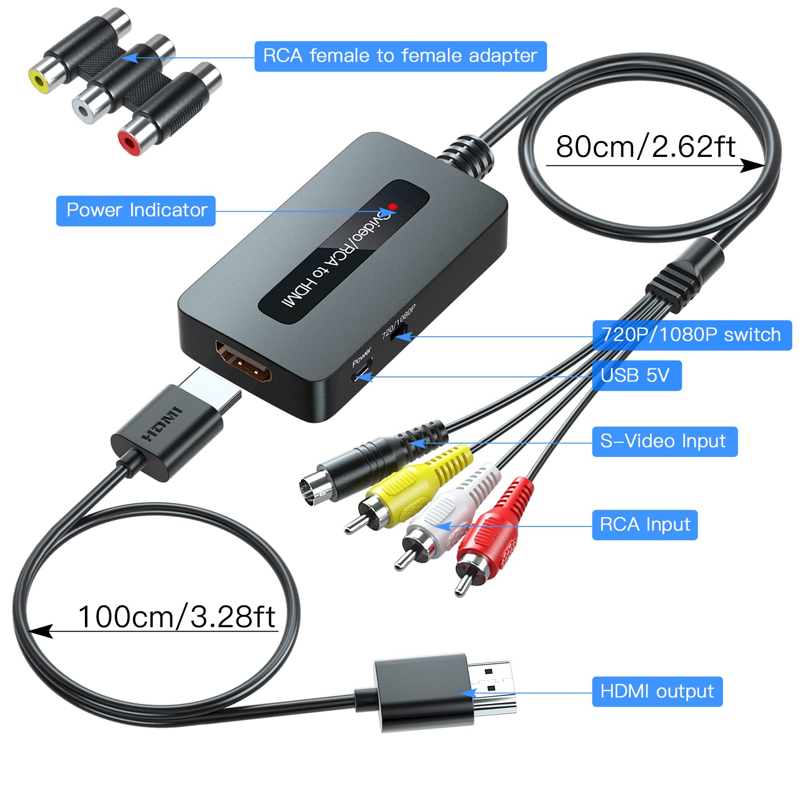 Sedytetoc RCA Svideo to HDMI Converter with HD Cable(RCA and Svideo Integrated), CVBS Composite AV to HDMI Converter