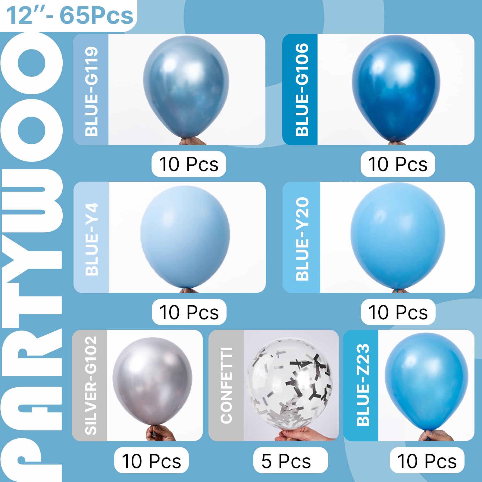 PartyWoo Blue and Silver Balloons 65pcs 12 Inch Light Pastel Baby Metallic Pearl Blue Metallic Chrome Silver Confetti Balloons for Gender Reveal Wedding Baby Shower Birthday Party Decorations