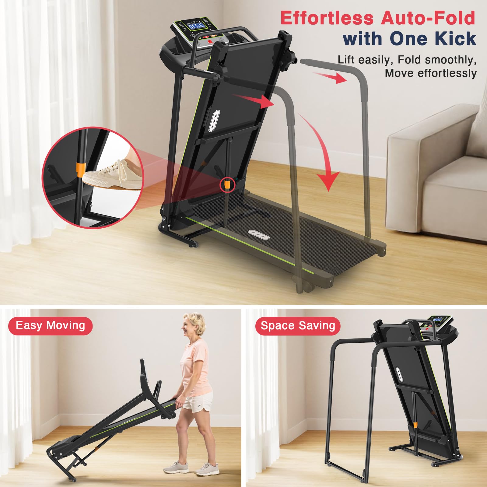 Redliro Walking Treadmill with Long Handrail for Balance, Recovery Fitness Exercise Machine Foldable for Home use with Holder for Phone & Cup,LCD Display, 300 lbs Capacity