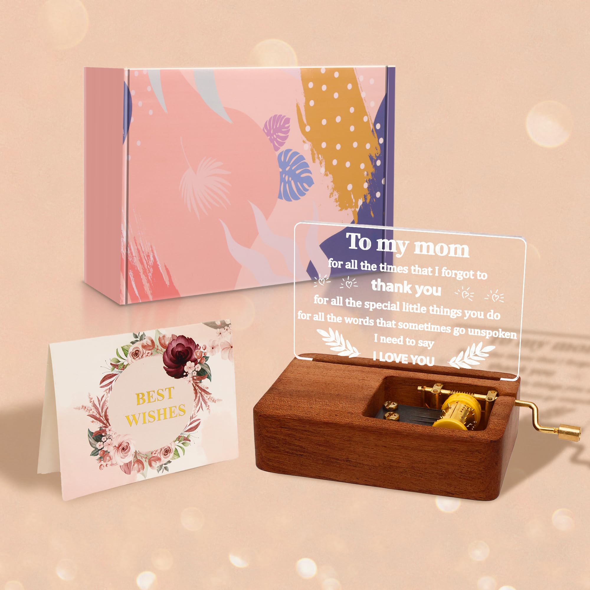 OkiyiD Gifts for Mom, Mom Birthday Gifts from Daughter Son, You are My Sunshine Music Box Hand Crank Engraved - Lighting Musical Box Idea