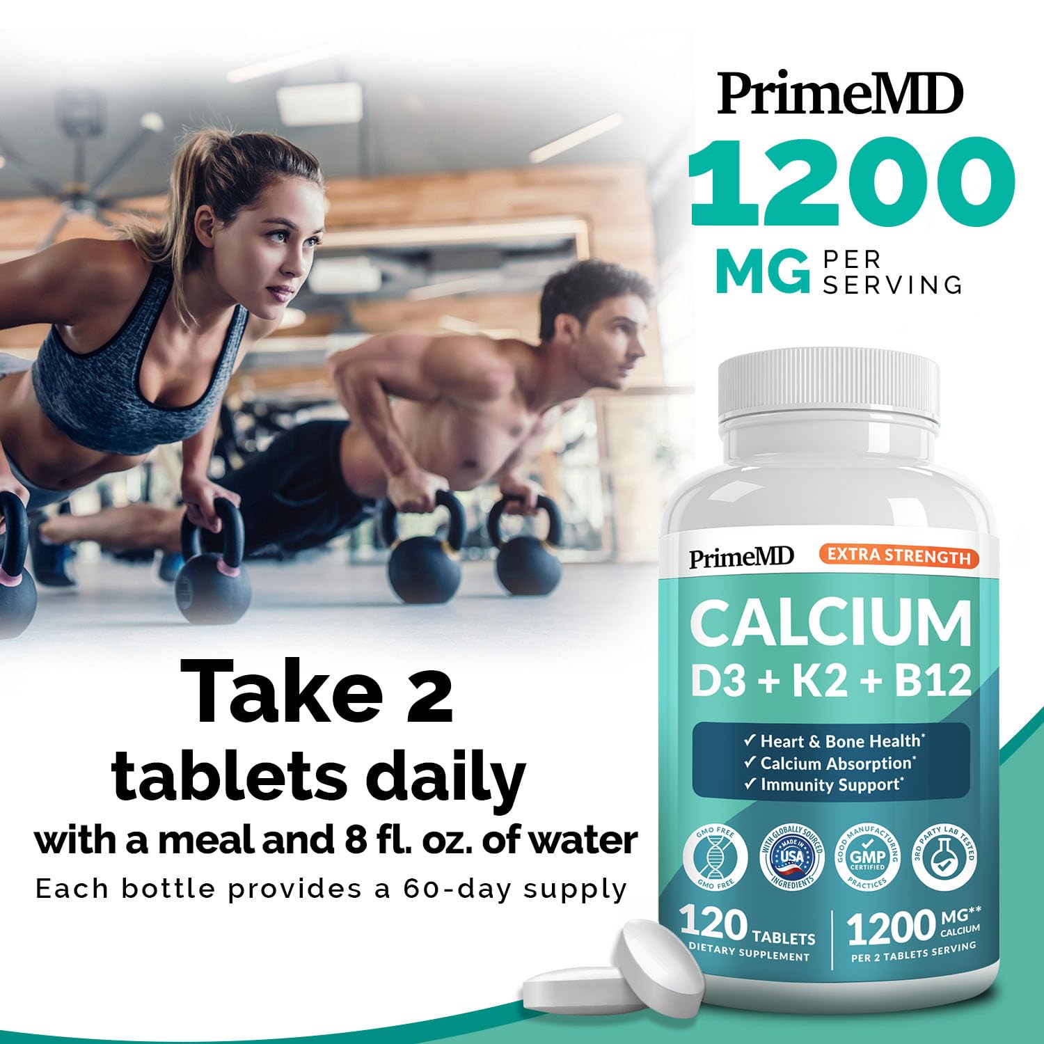 4-in-1 Calcium 1200 mg With Vitamin D3 Supplements for Women and Men - Calcium Extra Strength with Vitamin D3 K2 5000 IU Supplement,1200 mg per serving -Free - Vegan-Friendly (120 count) (Pack of 1)