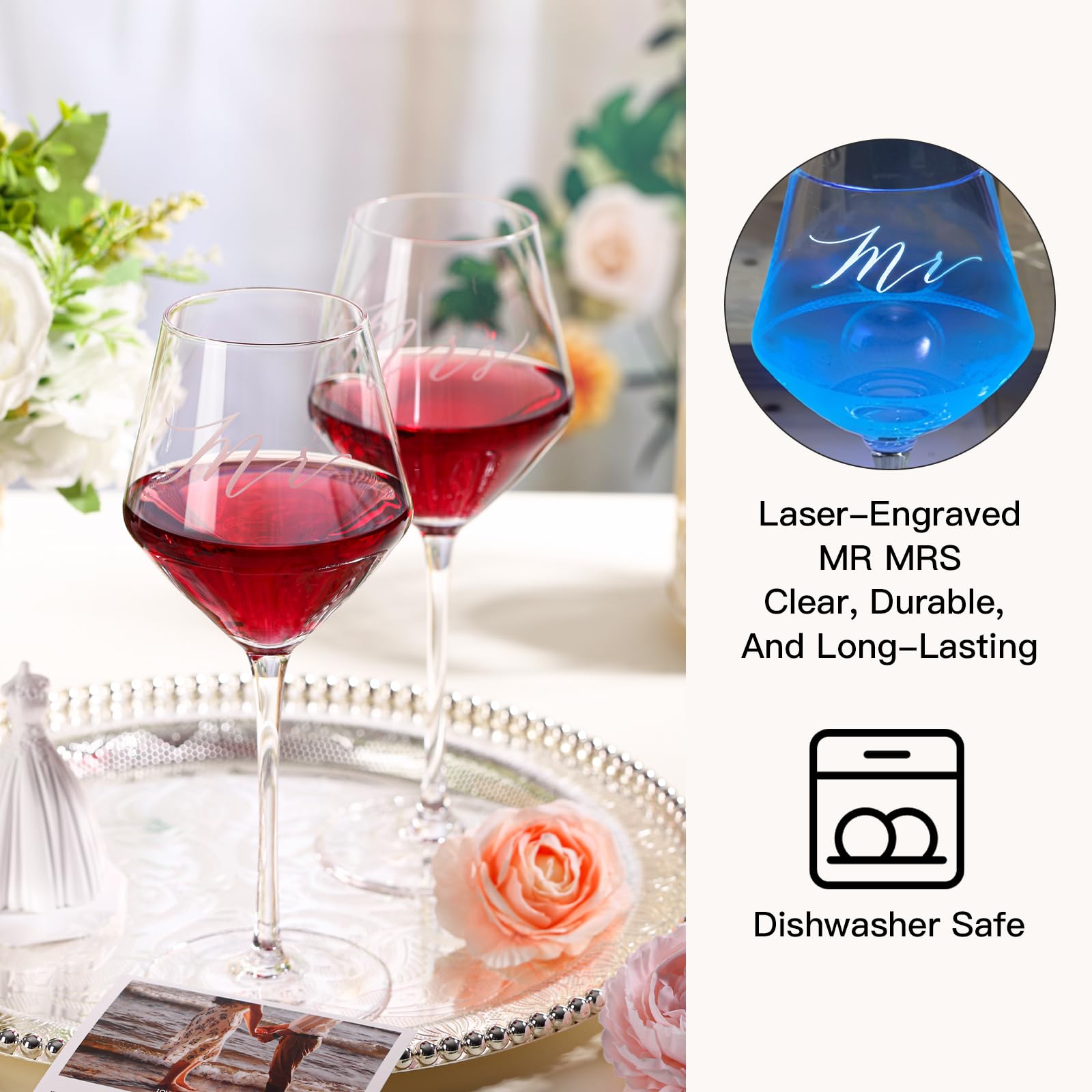 SIPBYSOP Mr Mrs Wine Glasses Gifts for Wedding/Engagement/Bridal Shower,Classy Engagement Present,WEDDING Gift for Couples,Women,Bride to be,Newlyweds-Wedding Keepsake Box with Wine Accessories