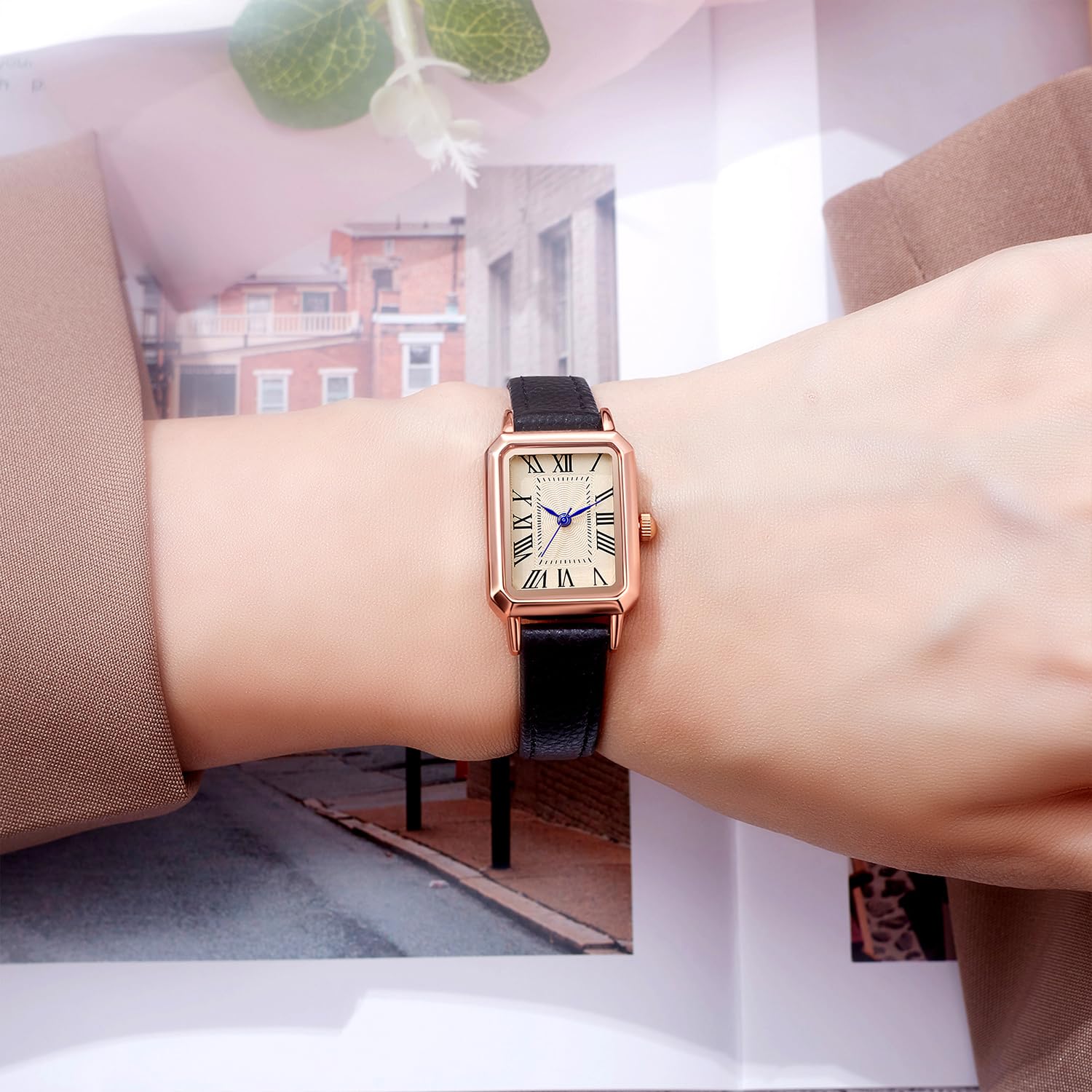 BESTKANG Leather Strap Watches for Women Elegant Dainty Ladies Watch Vintage Rectangle Women Quartz Wrist Watch (Black Gold)