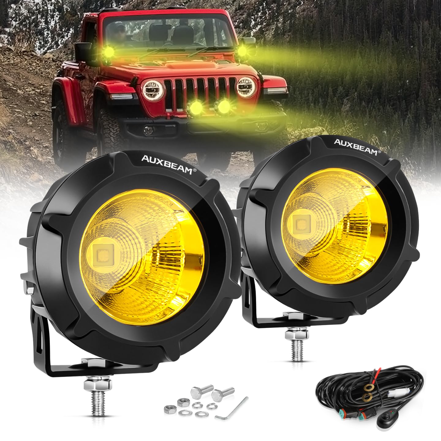 Auxbeam Amber Fog Lights, 3.5 Inch 50W Round Led Offroad Light 5000LM Yellow Round Led Pods with Wiring Harness Kit, Spot Flood Combo Driving Lights for Truck ATV UTV Motorcycle Off-Roading