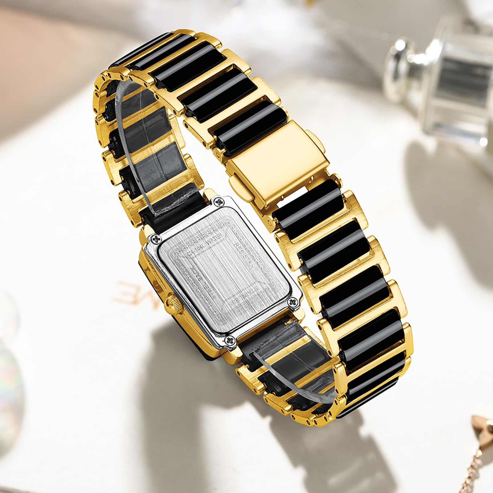 BESTKANG Vintage Square Ceramic Ladies Quartz Watch with Diamond Accents, Waterproof, Elegant Women's Wrist Watch (Black Gold)