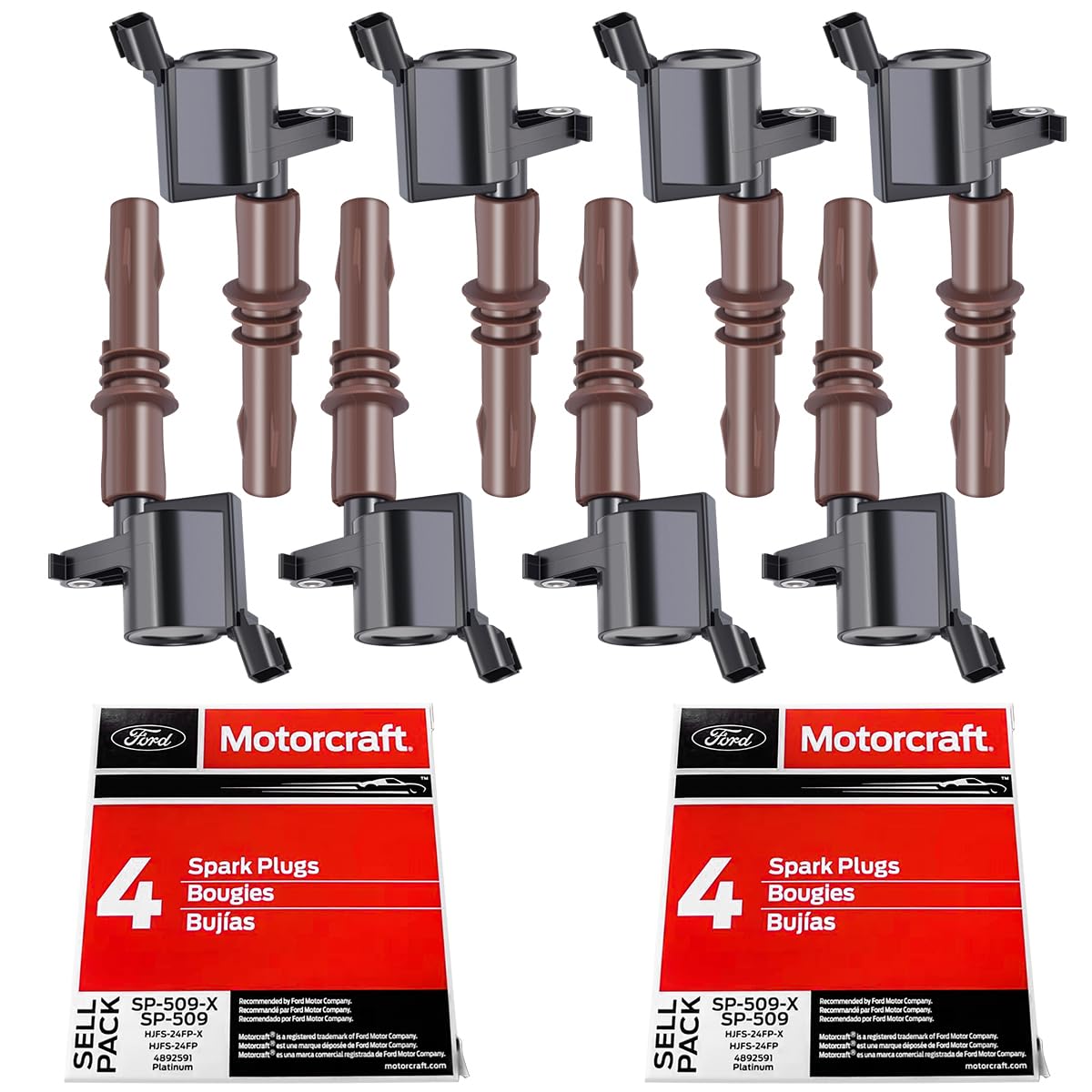 MAS Set of 8 Ignition Coils Brown boots DG521 and Motorcraft SP-509 Spark Plugs Compatible with Ford Expedition F-150 Super Duty F-250 F-350 F-450 F-550 F53 4.6L 5.4L C1659 DG521