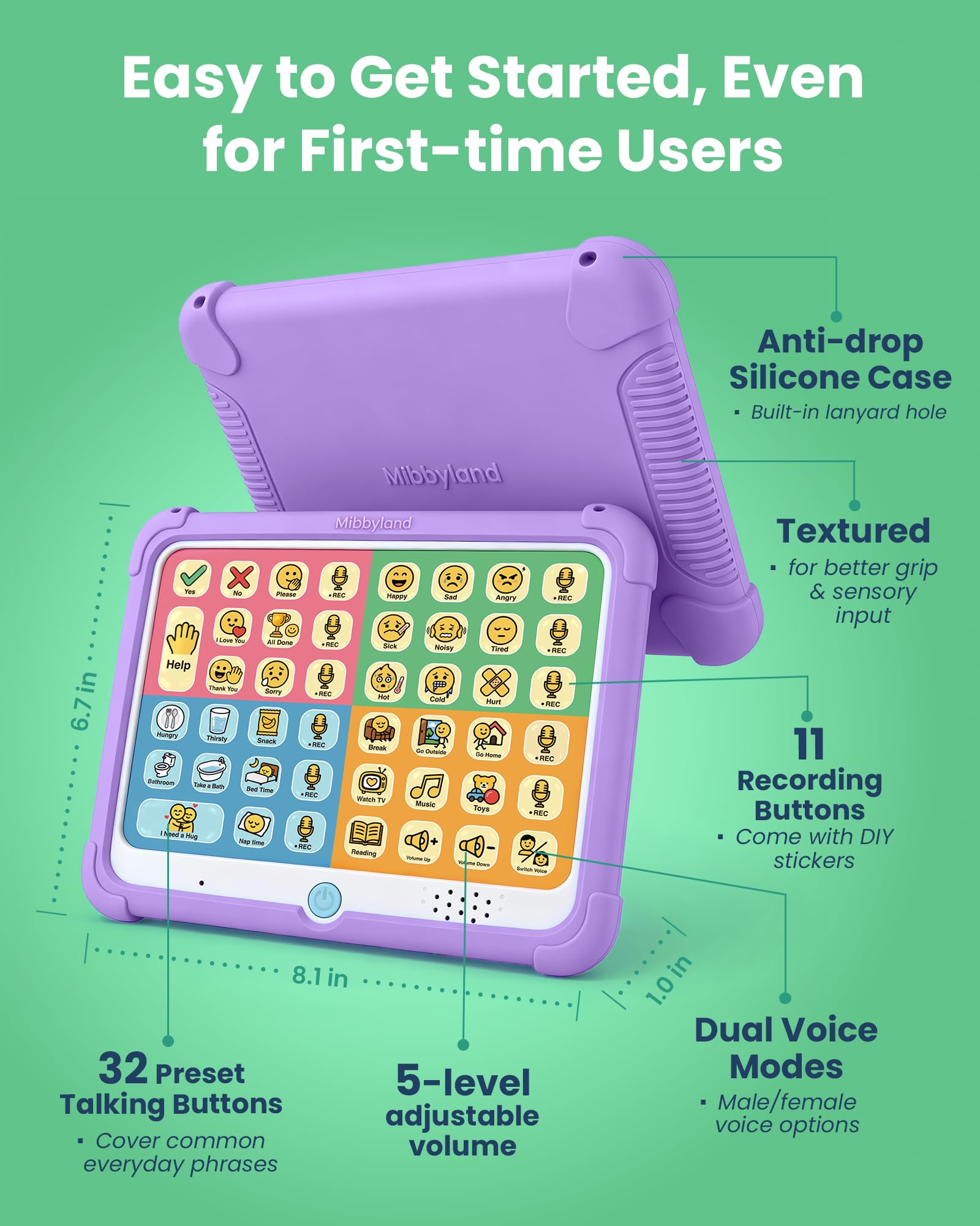 MibbyTalk AAC Device for Autism & Nonverbal Kids and Adults, Communication Tool for Home & School, 32 Preset Buttons, 11 Recording Buttons with Stickers, Silicone Case, Purple, Easter Basket Stuffers