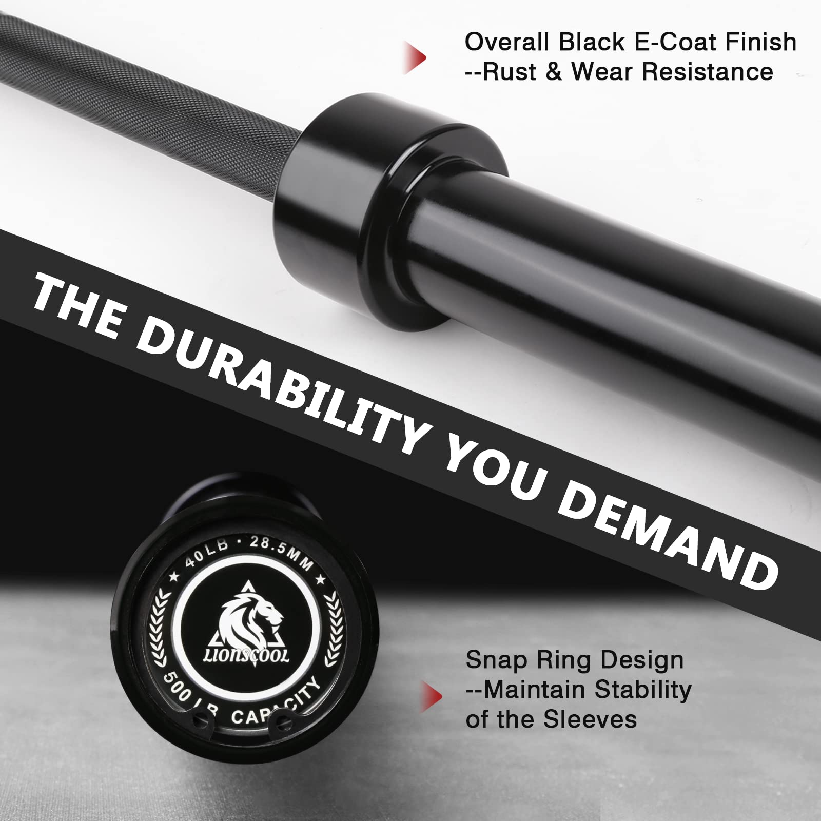 LIONSCOOL 7ft Olympic Barbell (40lbs Weight, Black E-coating, 500LBS, Center Knurl)