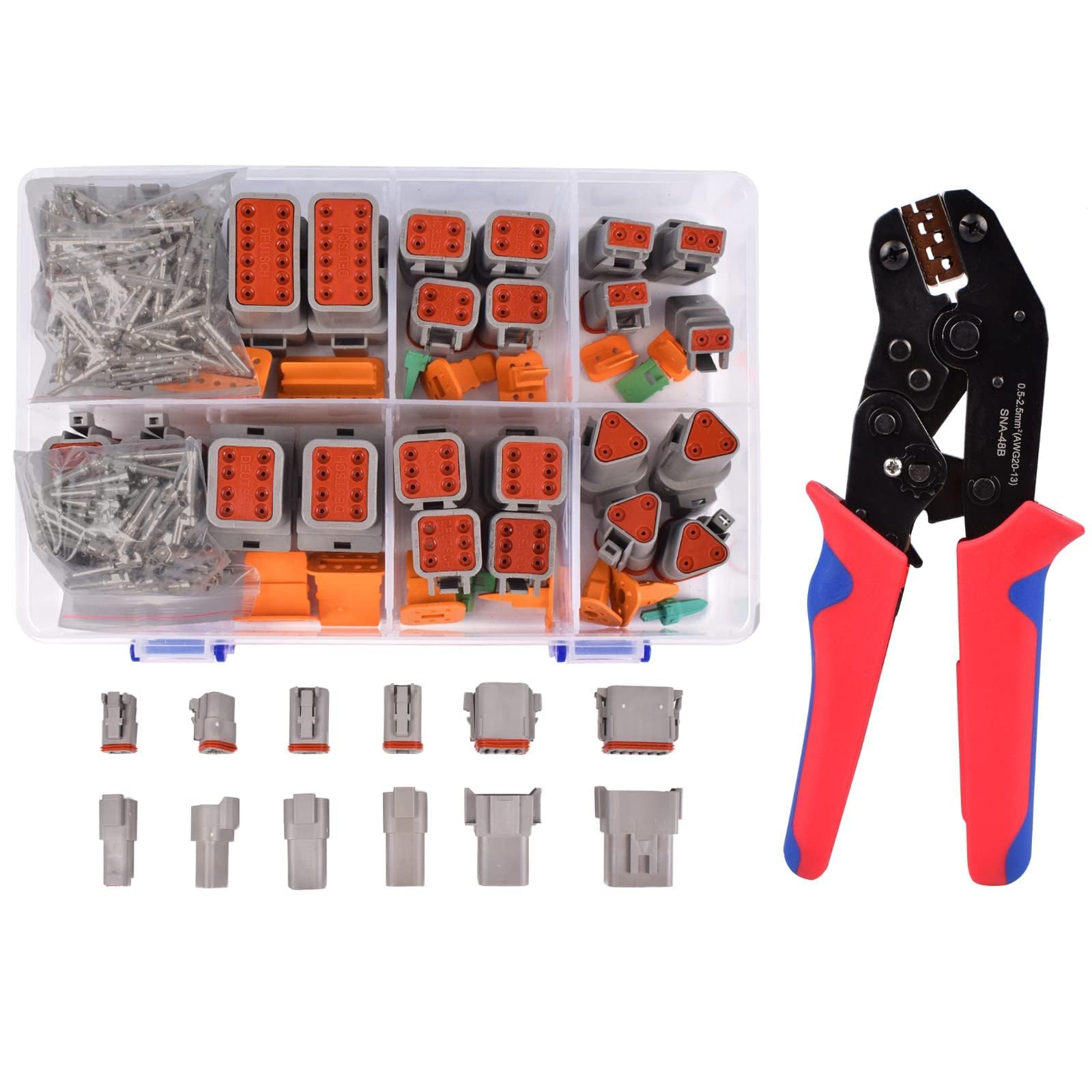 Amliber 174Pcs 12 Kits DT Connector Kit With Ratcheting Wire Crimper for Deutsch Connector, 2 3 4 6 8 12 Pin Connectors Automotive Electrical Connectors With Size 16 Stamped Contacts IP68 Waterproof
