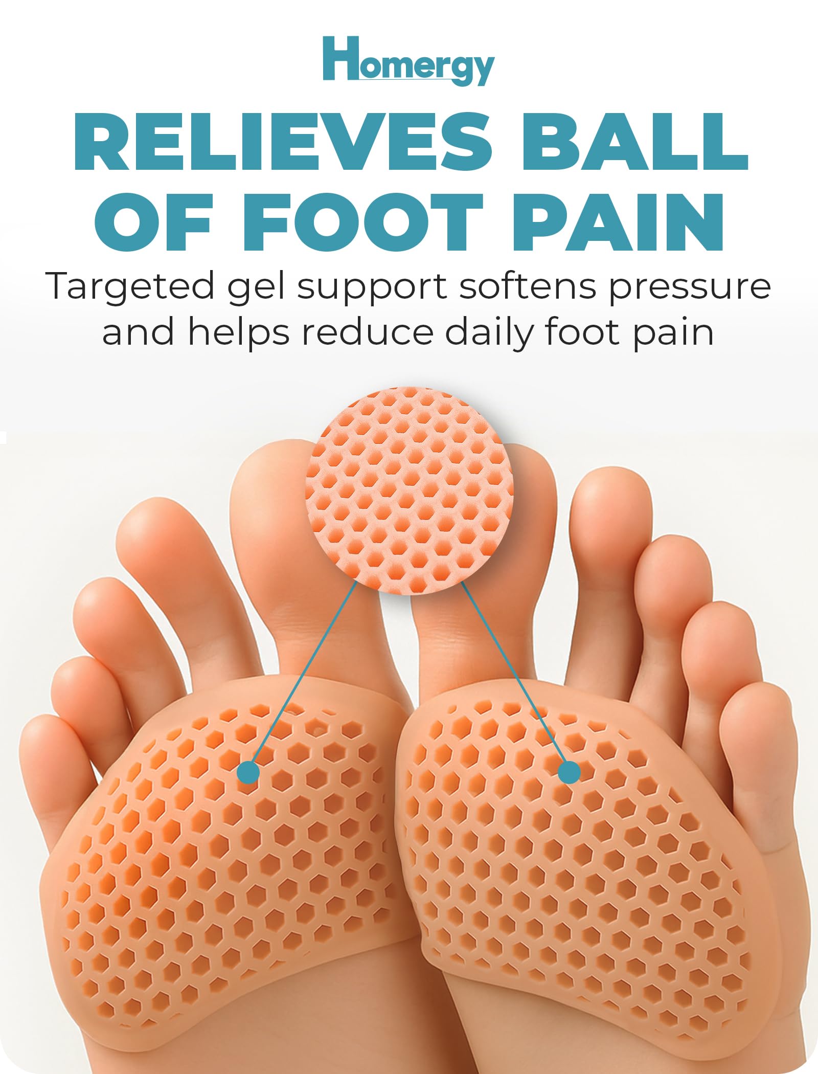 Homergy Metatarsal Foot Pads for Pain Relief - 4 Pack Soft Gel Reusable Breathable Sleeve Pads, Foot Cushions, Forefoot Cushioning Shoe Supports for Women and Men