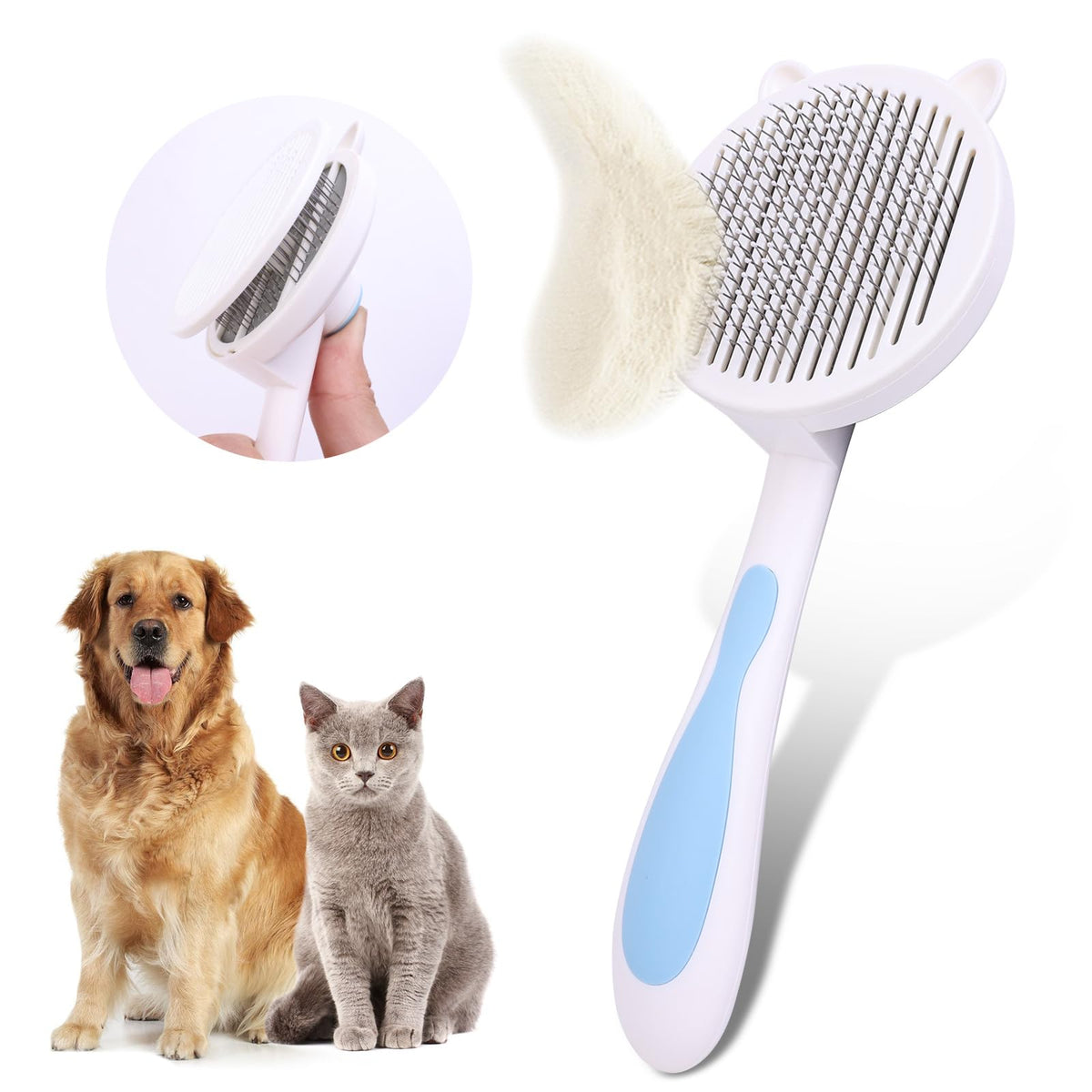 KYMARI Cat Hair Brush for Grooming, Self Cleaning Slicker Brush for Cat, Skin Friendly Pet Brush for Shedding, Pet Grooming Tool, Blue