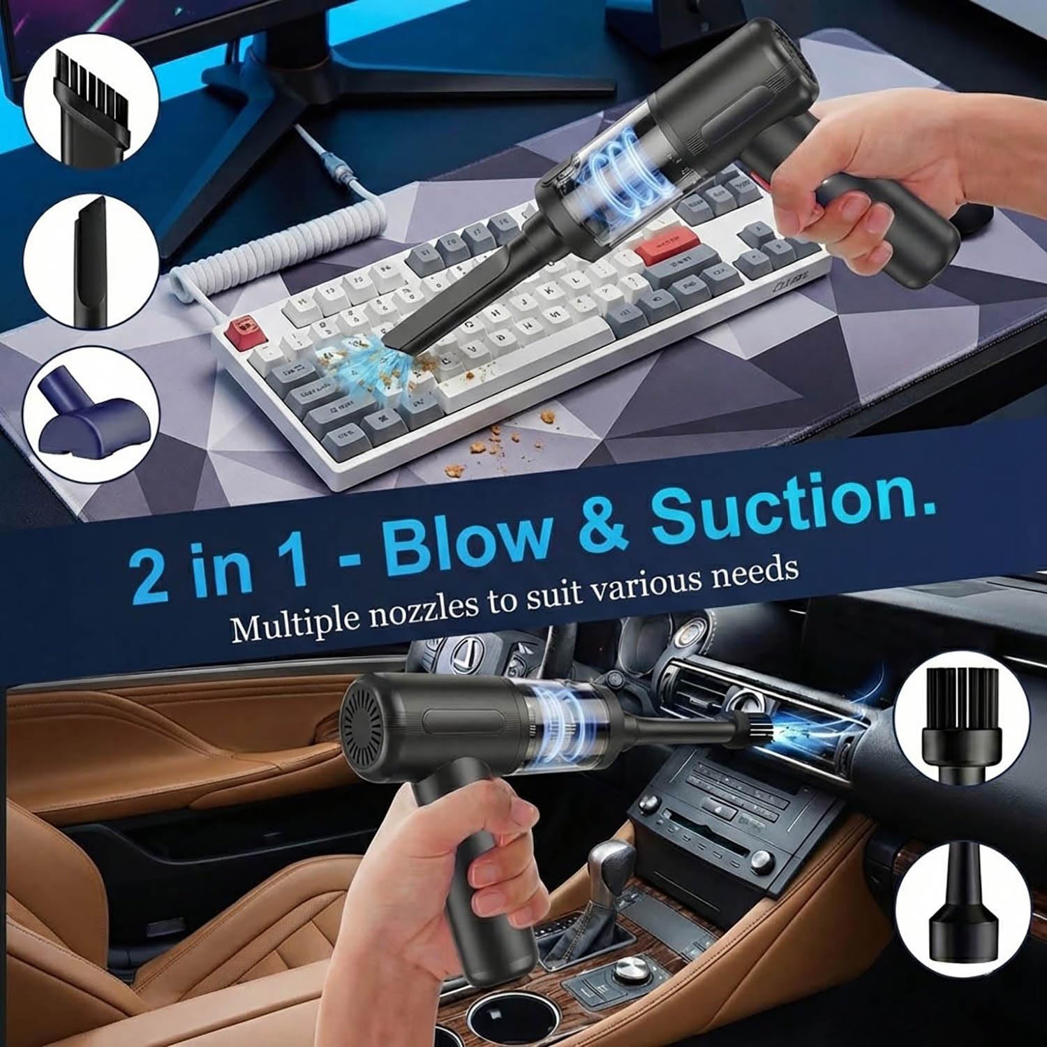 BULLCAR Handheld Car Vacuum Cleaner, 20000Pa Ultra-Strong Suction & Air Duster 2-in-1, Cordless Brushless Motor Portable Vacuum, 100W High Power Mini Vacuum for Car Interior, Home, Office, Pet Hair