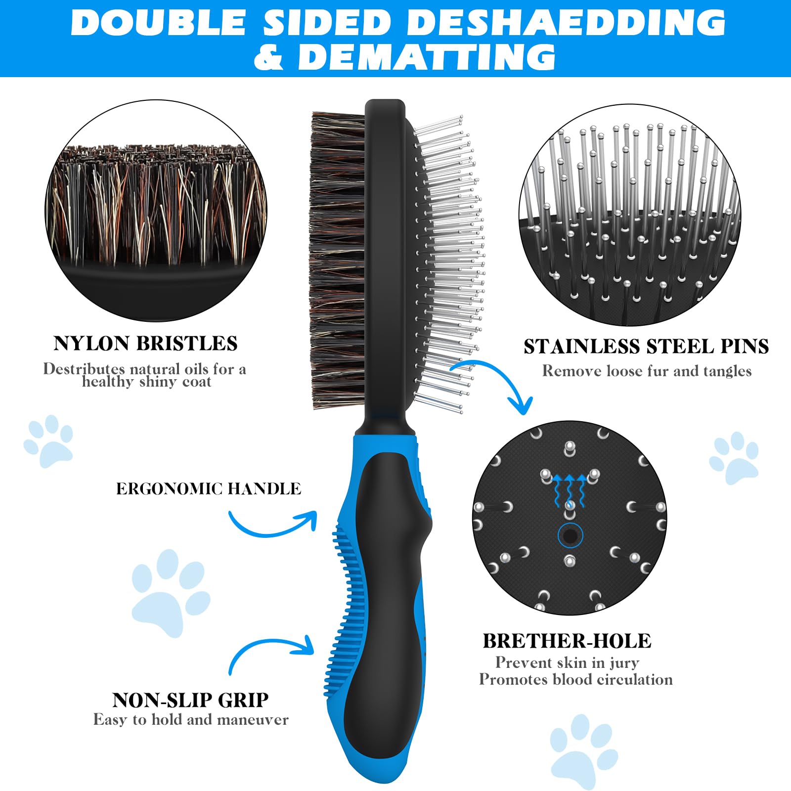 UGNEL 2PCS Dog Grooming Tools - Double-Sided Bath Brush for Shedding and Bathing, Suitable for Short/Long Haired Dogs, Premium Pet Supplies (Black Blue)