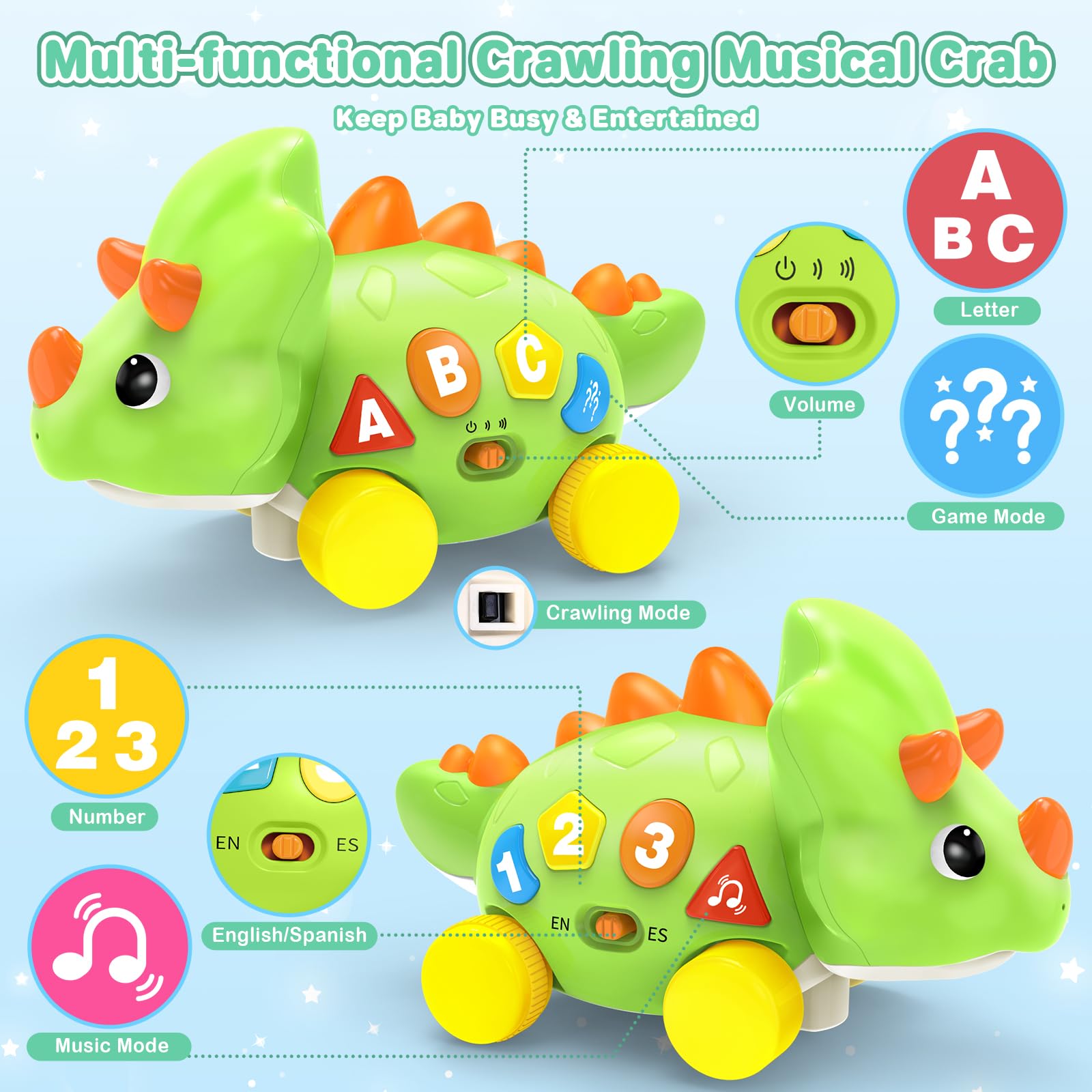 Musical Dinosaur Toys for 1 Year Old Baby - Tummy Time Light up Toys for Newborn Infant, Crawling Toys for 6-12-18 Months Kids, Early Learning Educational Toys and Gifts for 1-3 Year Old Toddlers