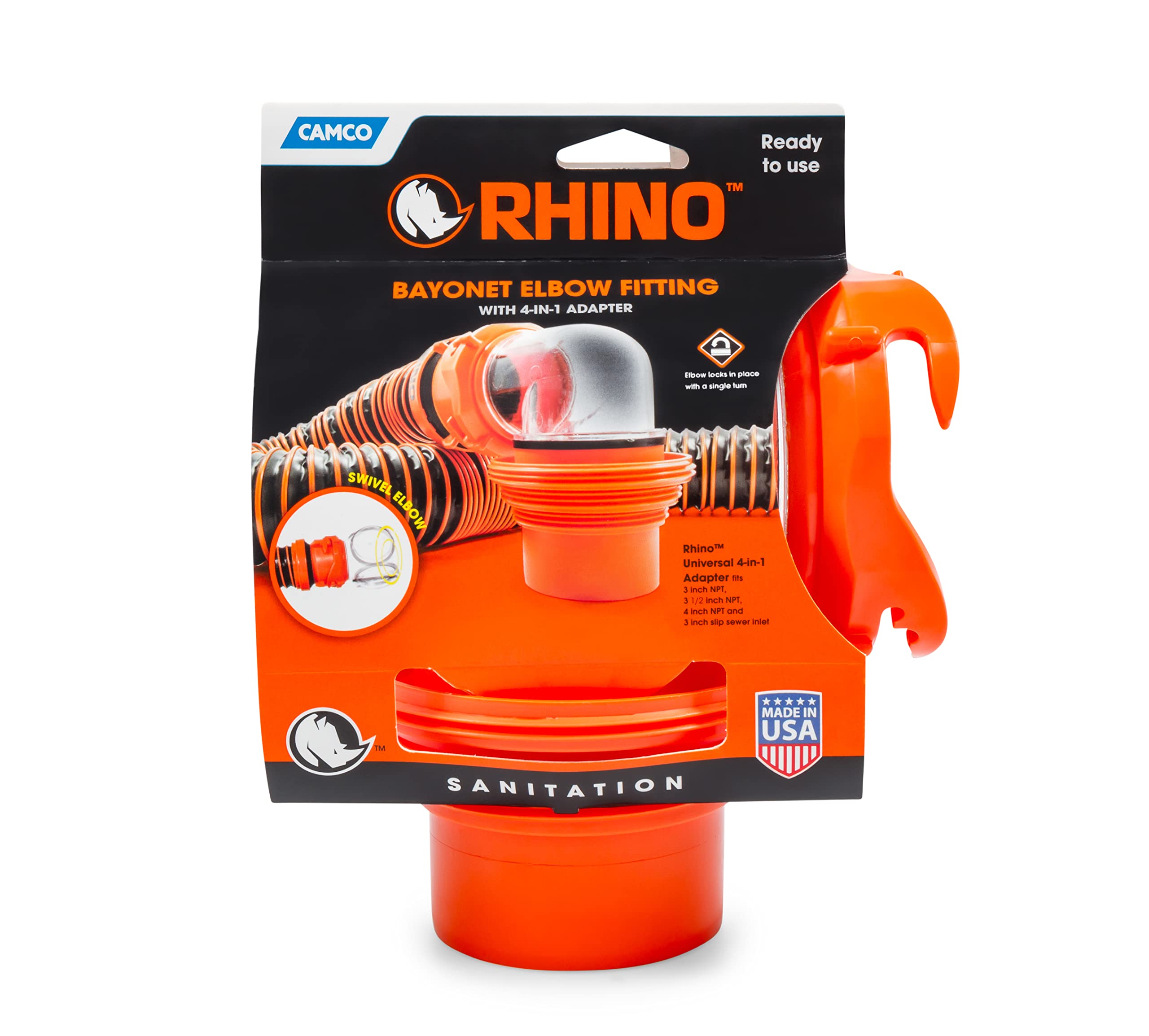 Camco RhinoFlex Clear RV Sewer Hose Elbow with 4-in-1 Adapter - Features a 360-Degree Fitting Rotation and Built-in Gasket for Odor-Tight Protection - Fits 4 Sizes of Dump Station Inlets (39736)