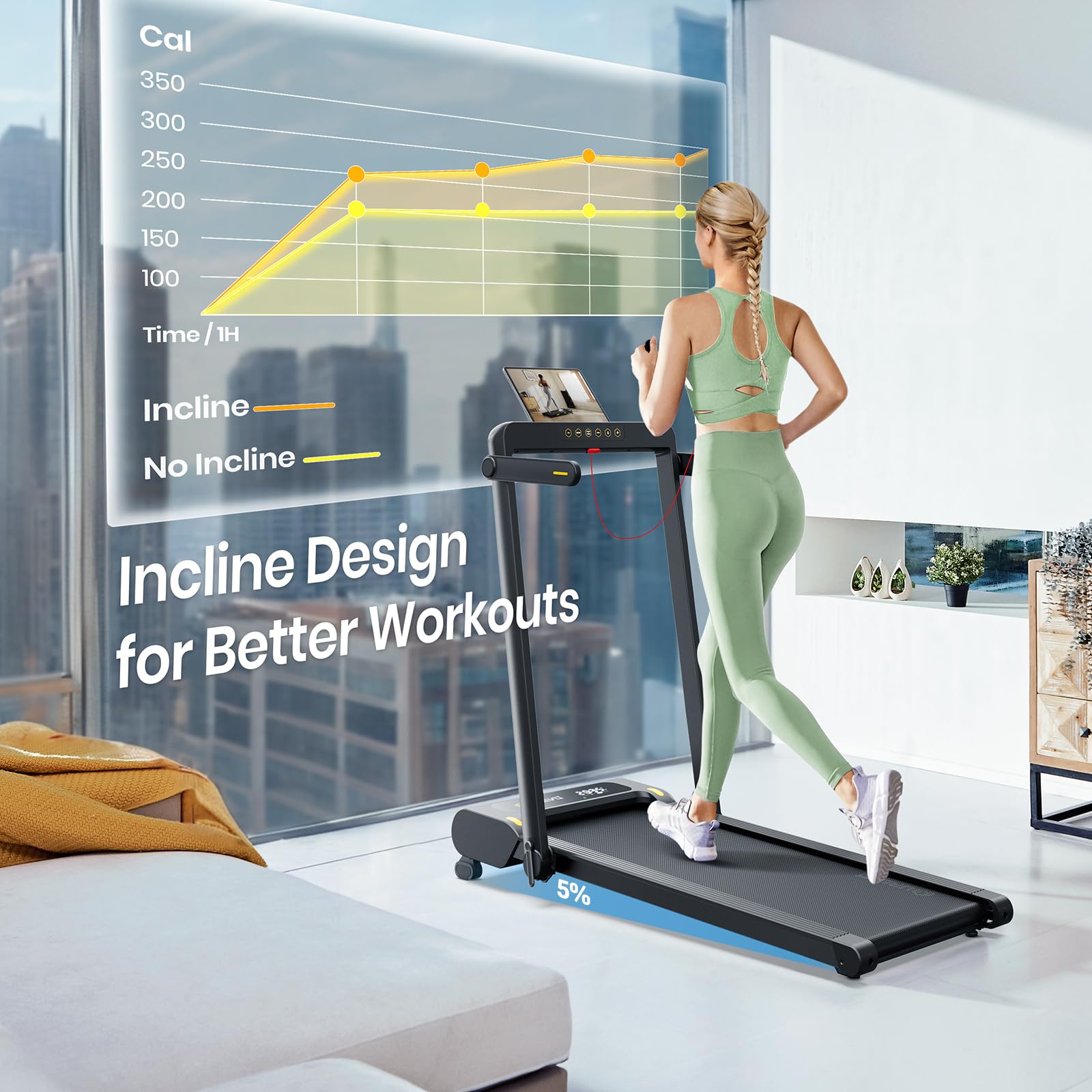 UREVO Walking Pad with Incline, 3 in 1 Portable Folding Treadmills for Home/Office, 2.5 HP Under Desk Treadmill, Large Running Area, Remote Control, LED Display