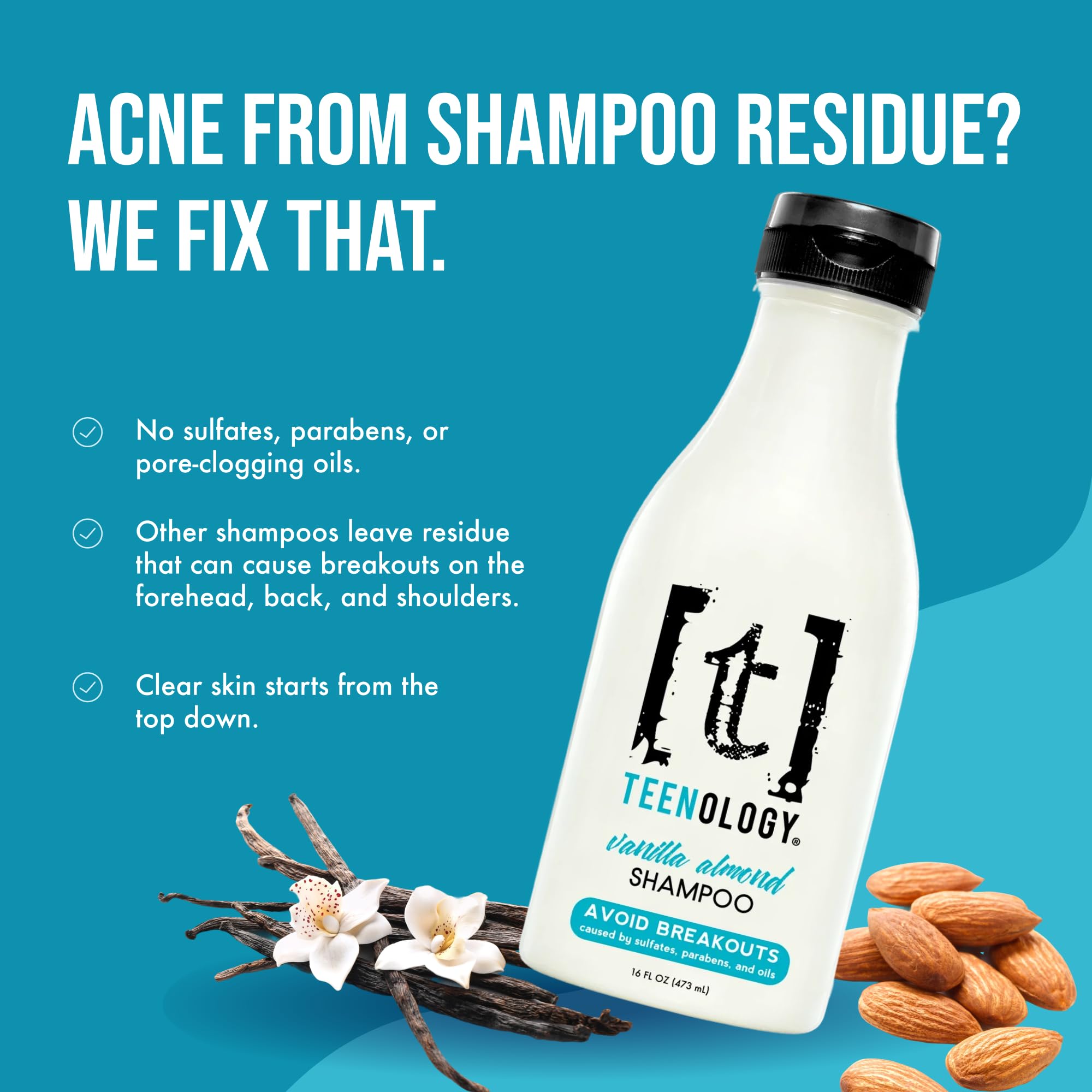 Teenology Shampoo for Teens, For Clear Skin and Healthy Hair, Natural Botanical Extracts, 16 oz. (Vanilla Almond)