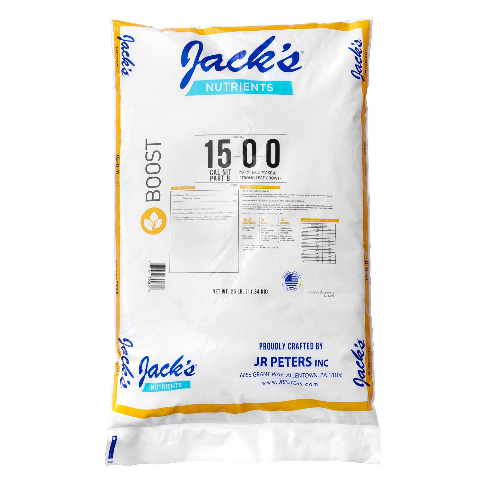 Jack's Classic Nutrients 15-0-0 Part B Water-Soluble Fertilizer for Calcium Uptake and Strong Leaf Growth in Continuous Liquid Feed Programs, 25Lbs