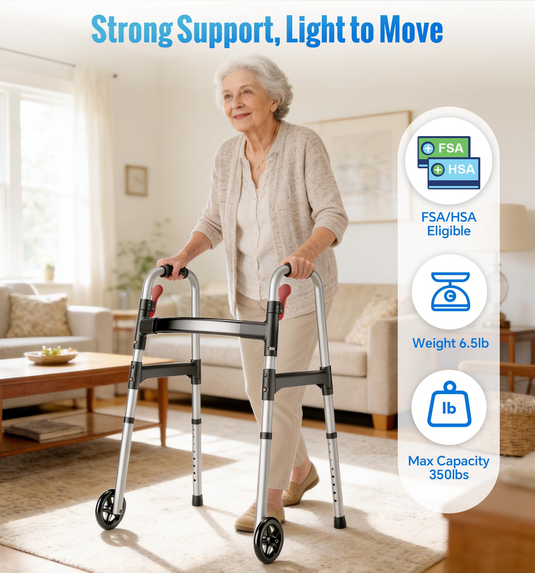 HOMLAND Walkers for Seniors, 2-Button Folding Walkers with Wheels, Lightweight Walker for Seniors Weighing Up to 350 Pounds, Height Adjustable Standard Walker & Ski Glides, Aluminum Frame, Silver