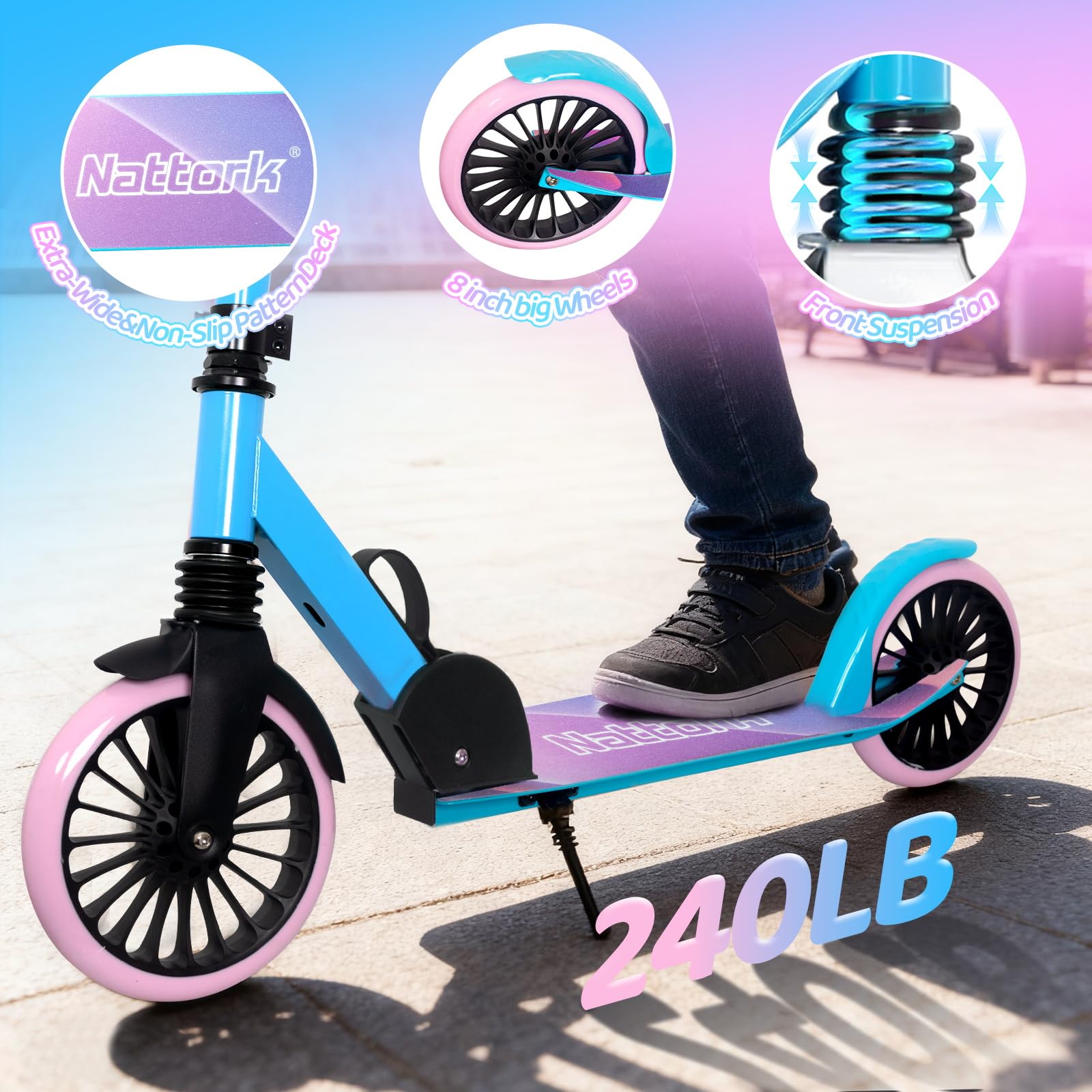 Nattork Kick Scooter for Teens Adults, Max Load 240 LBS, Adjustable Height Foldable with 8" Large Wheels, Anti-Shock Suspension Blue
