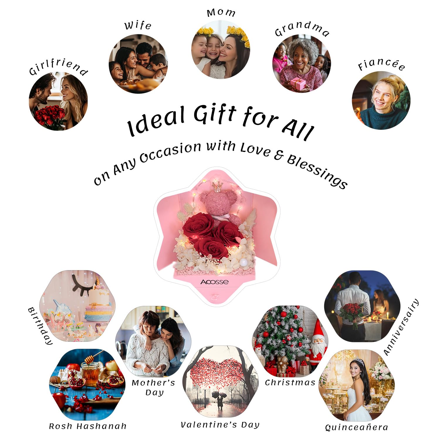 Dual Lights Preserved Forever Real Red Rose Gift for Women, Mom Wife Grandma Girlfriend on Birthday, Anniversary, Christmas, New Year, Forever Flowers with Crown Bear and I Love You necklace, Pink