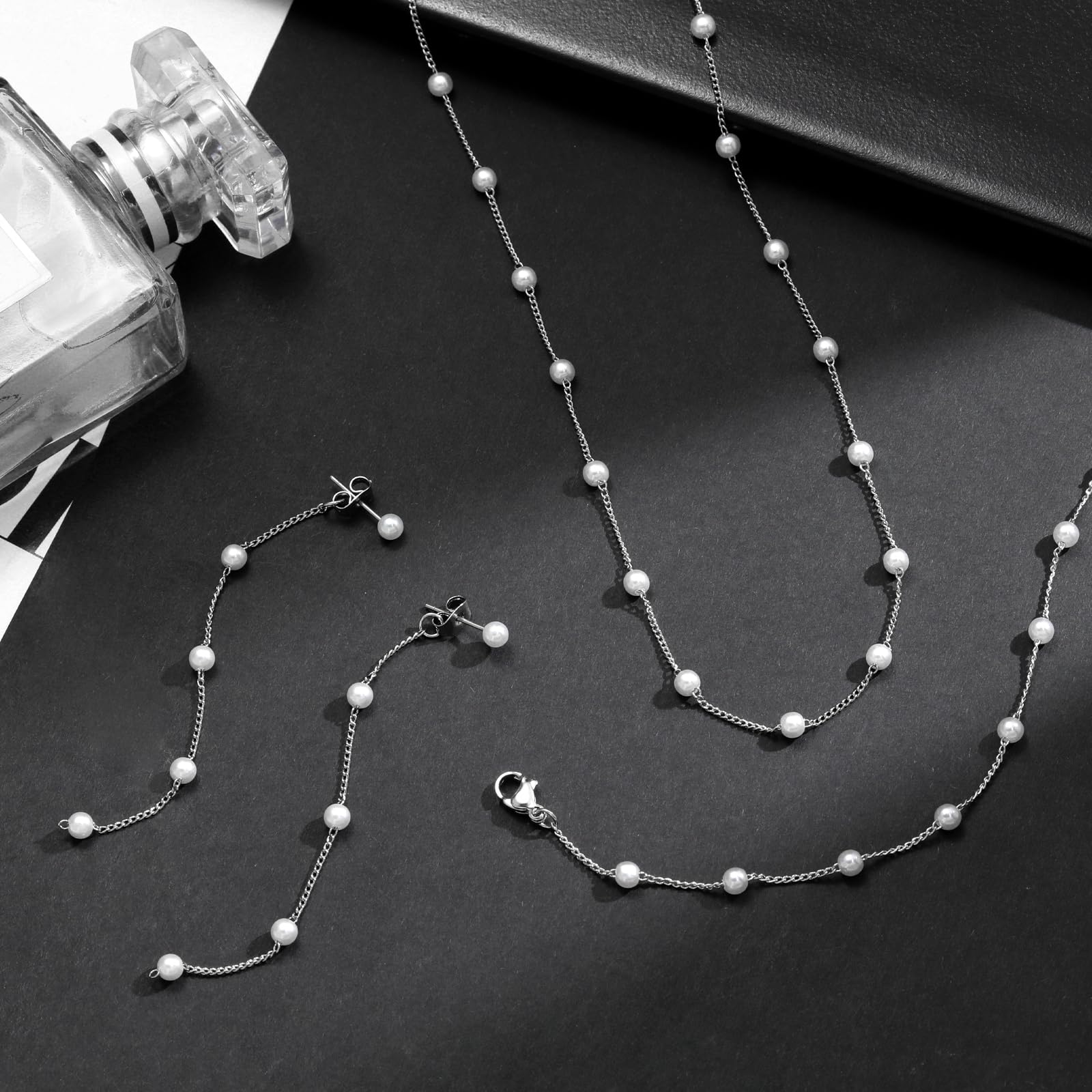 KesaPlan Silver Jewelry Set for Women Pearl Necklace and Earring Set Silver Plated Pearl Stud Earrings Adjustable Pearl Bracelets Pearl Choker Necklace Wedding Jewelry for Women