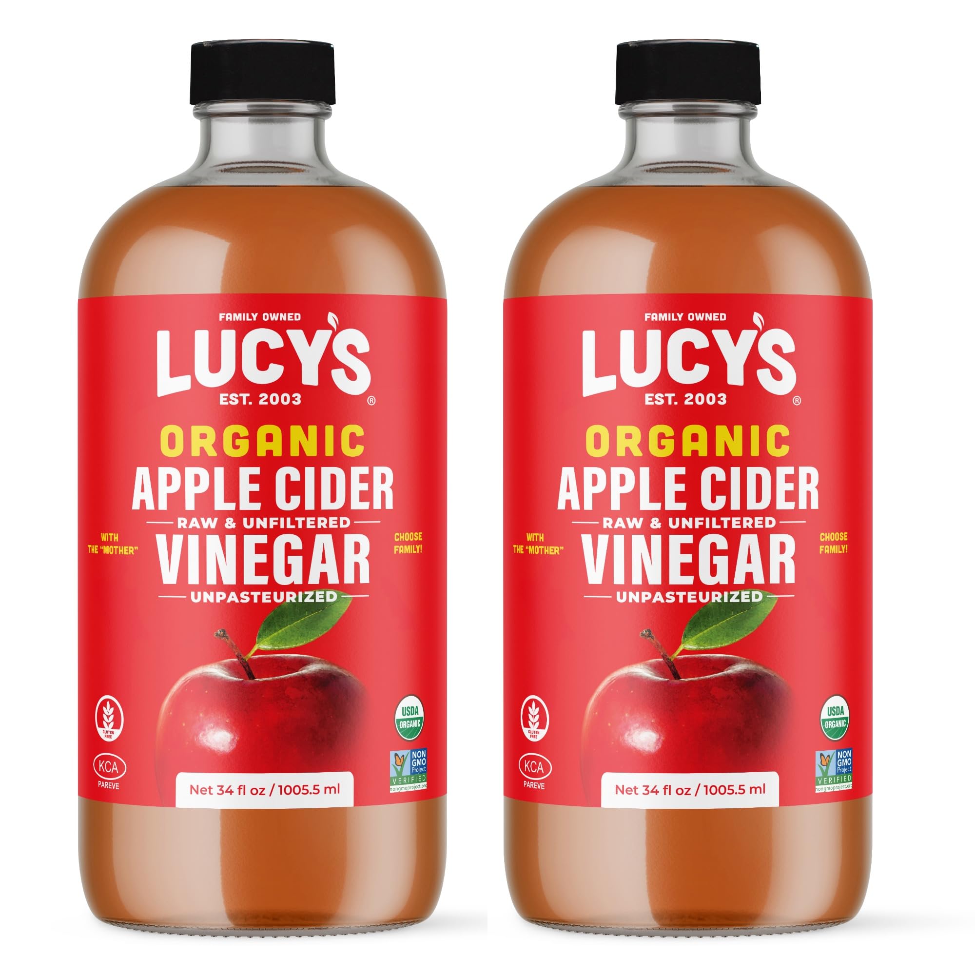 Lucy's Family Owned - 34oz. GLASS BOTTLE (2 PACK) Organic, With the Mother, Apple Cider Vinegar, Unfiltered, Unpasteurized, Raw, and NonGMO