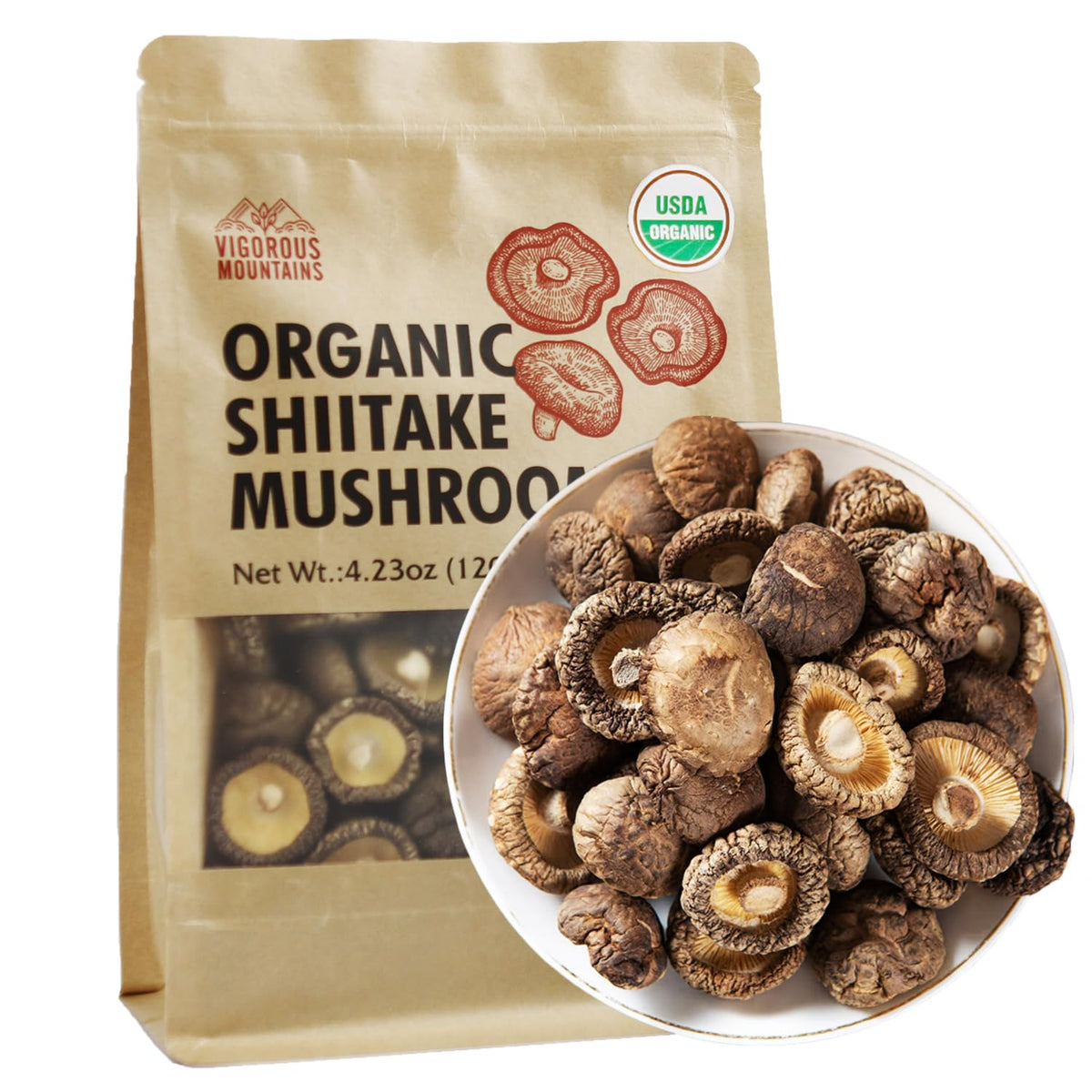 VIGOROUS MOUNTAINS USDA Organic Dried Shiitake Mushrooms Dry Dehydrated Mushrooms for Cooking 4.23oz, 120g